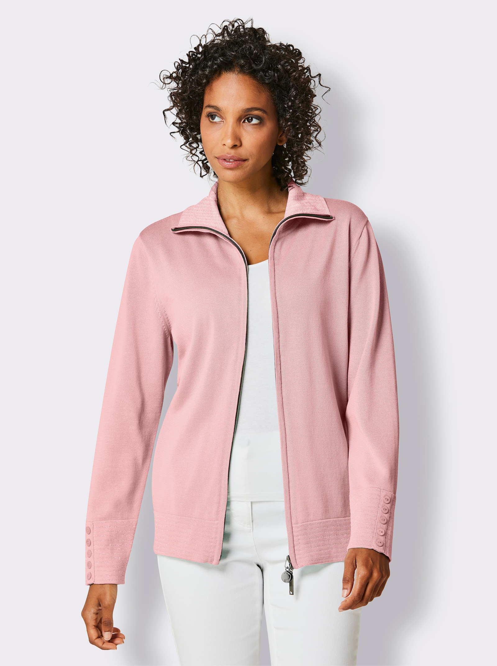 CREATION L PREMIUM Feinstrickjacke mit gestreiften Abschlüssen - rosenquarz