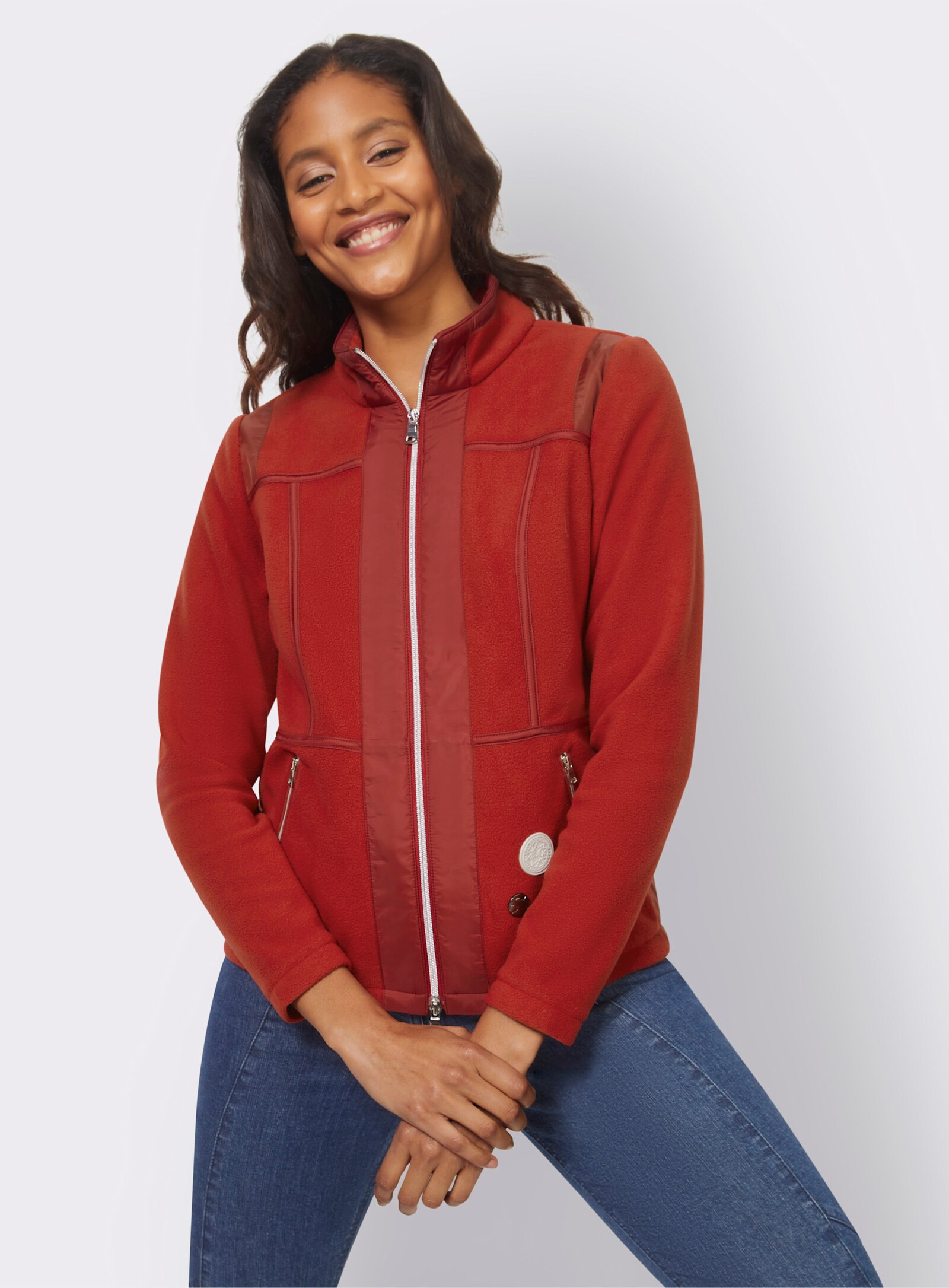 heine Fleecejacke mit Web-Besatz - kirsche