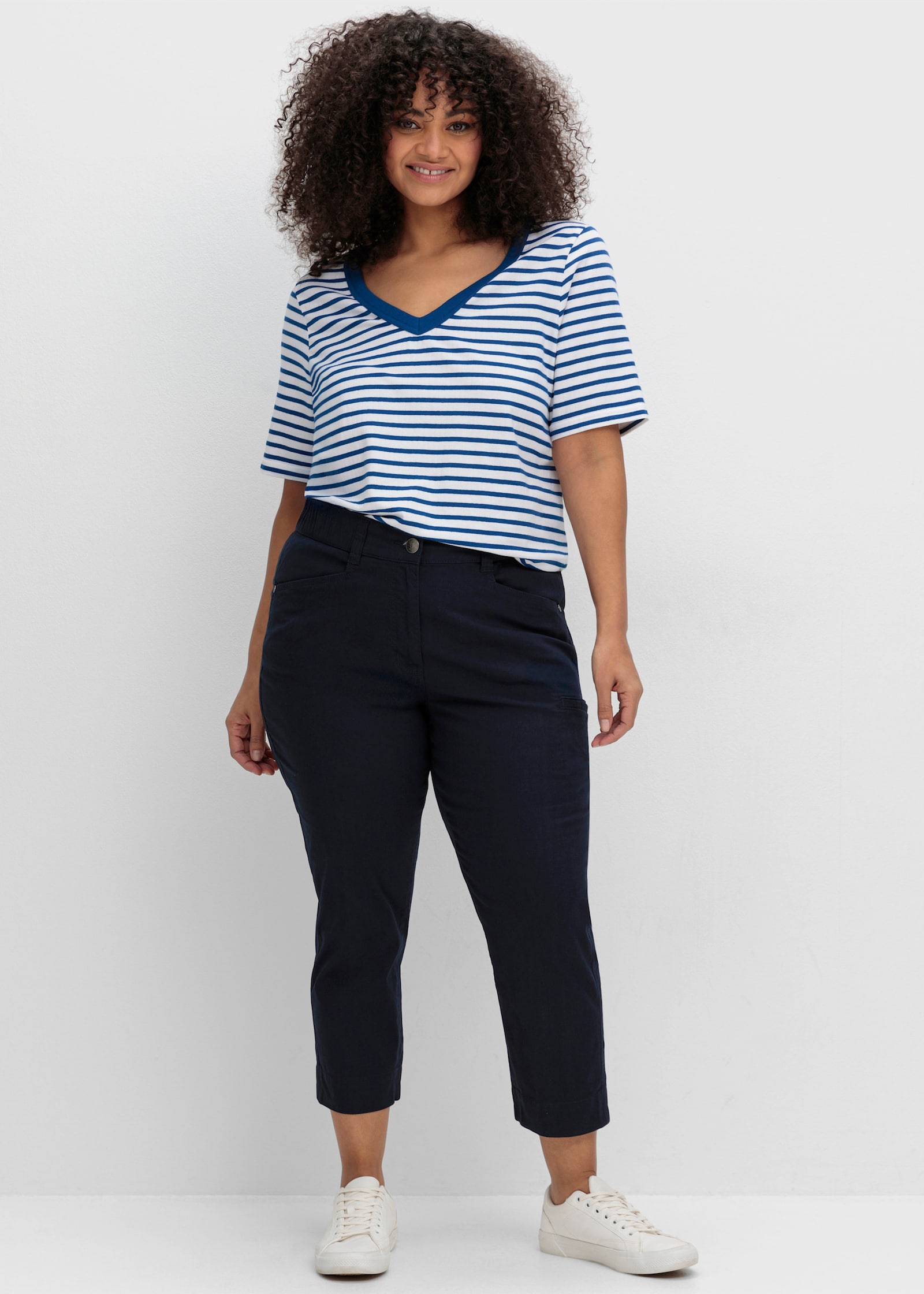 sheego Streepjesshirt met V-hals - bosbes gestreept