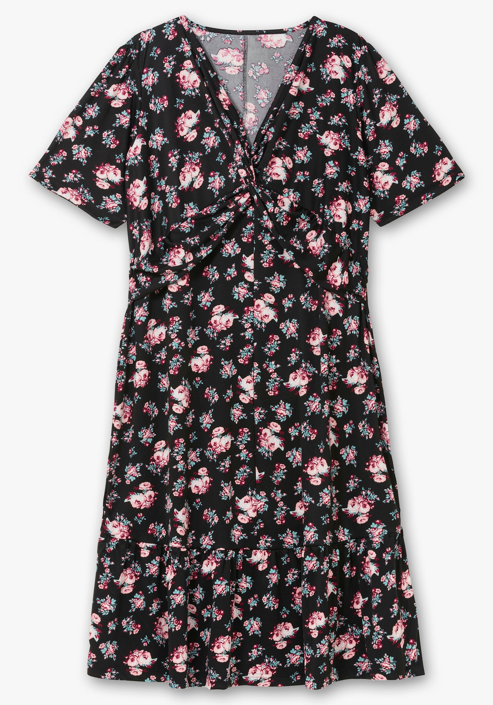 Shirtkleid mit Volant am Saum - schwarz-hortensie-gemustert