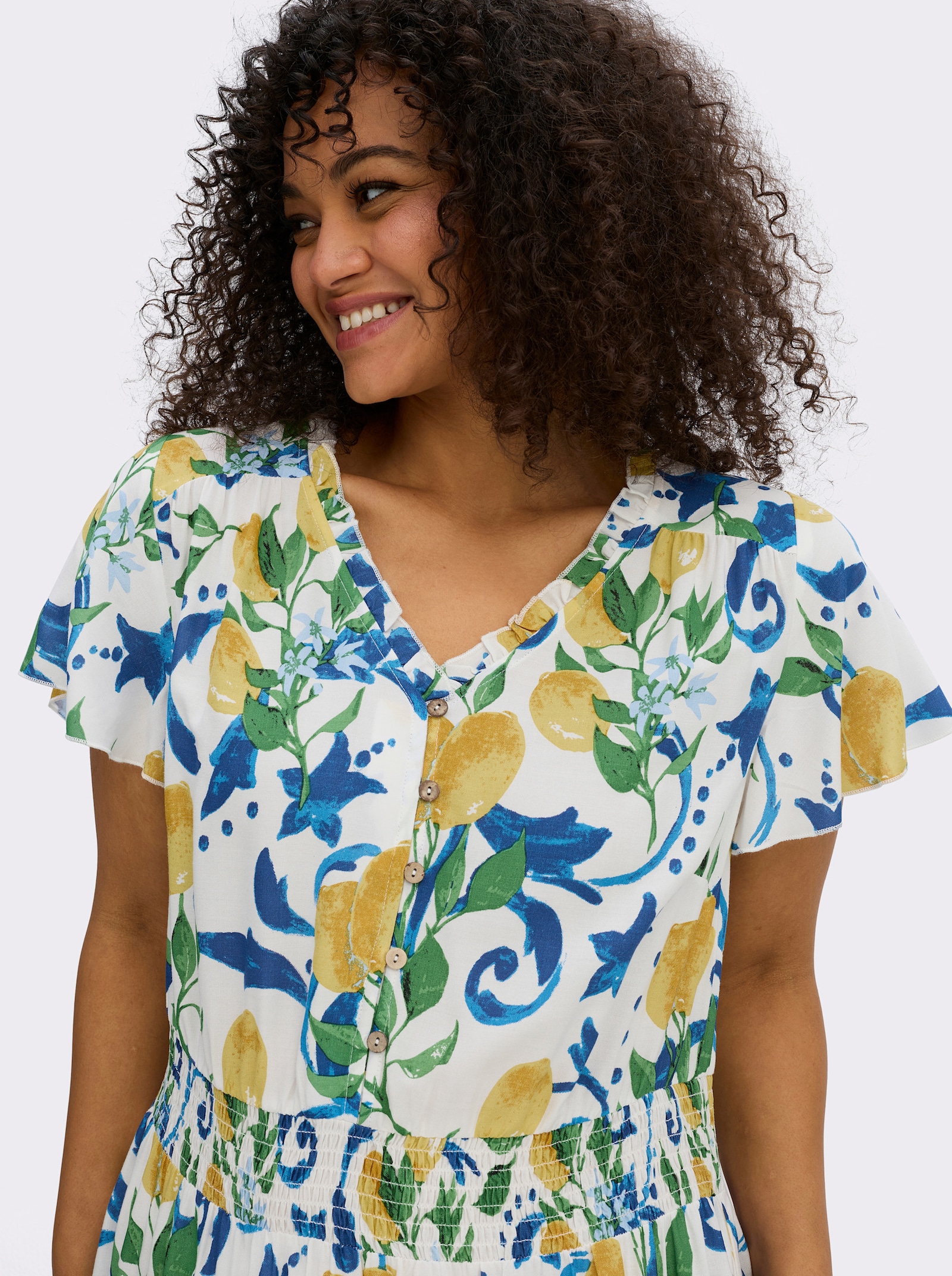 sheego by Joe Browns Maxikleid mit breitem Smokbund - weiss-sonnengelb-gemustert