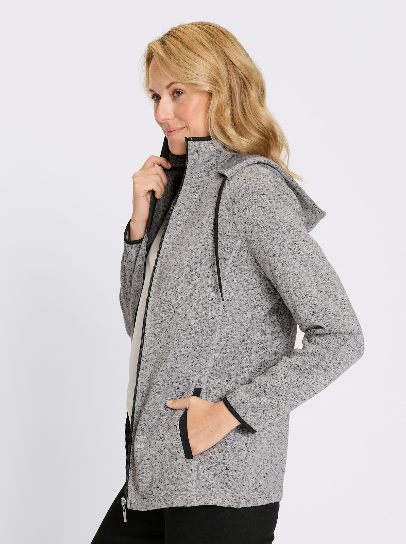 Strickfleecejacke mit Kapuze - hellgrau-schwarz-meliert