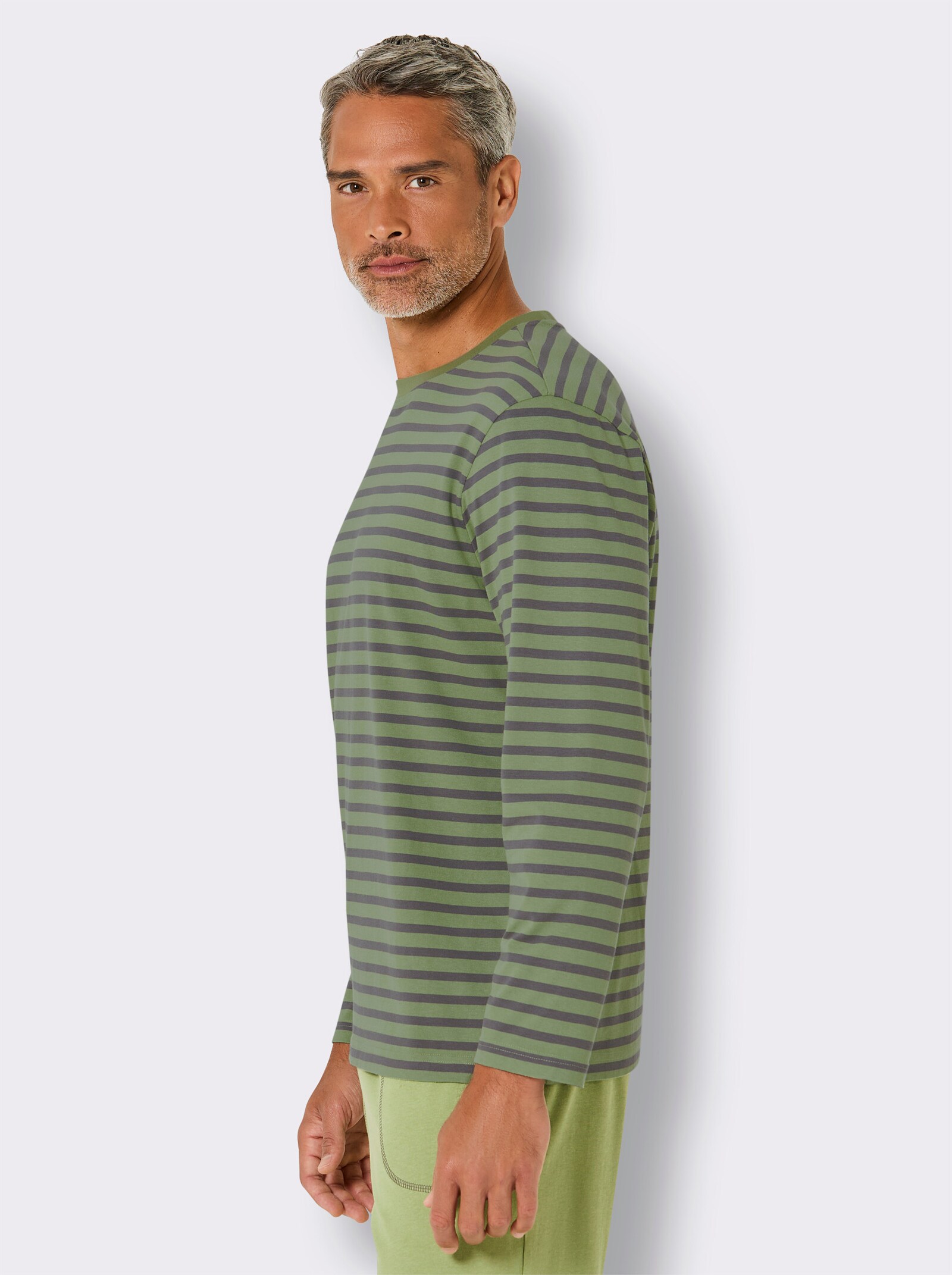 wäschepur men Schlafanzug-Shirt - eucalyptus-anthrazit-gestreift