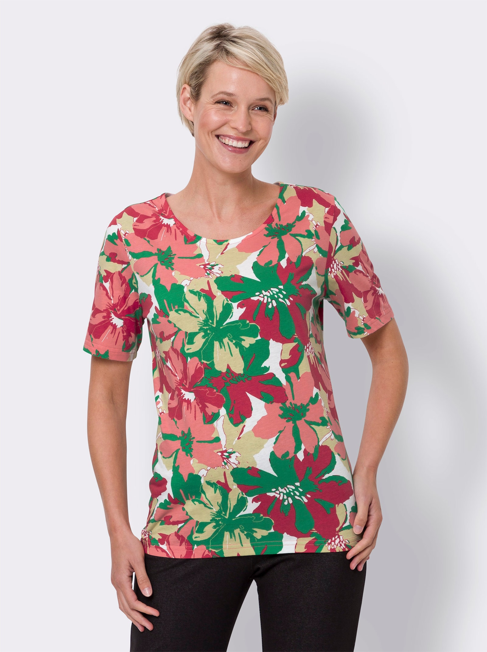 Tričko s krátkymi rukávmi a kvetinovým vzorom - Tráv. zel.-homárová potlač