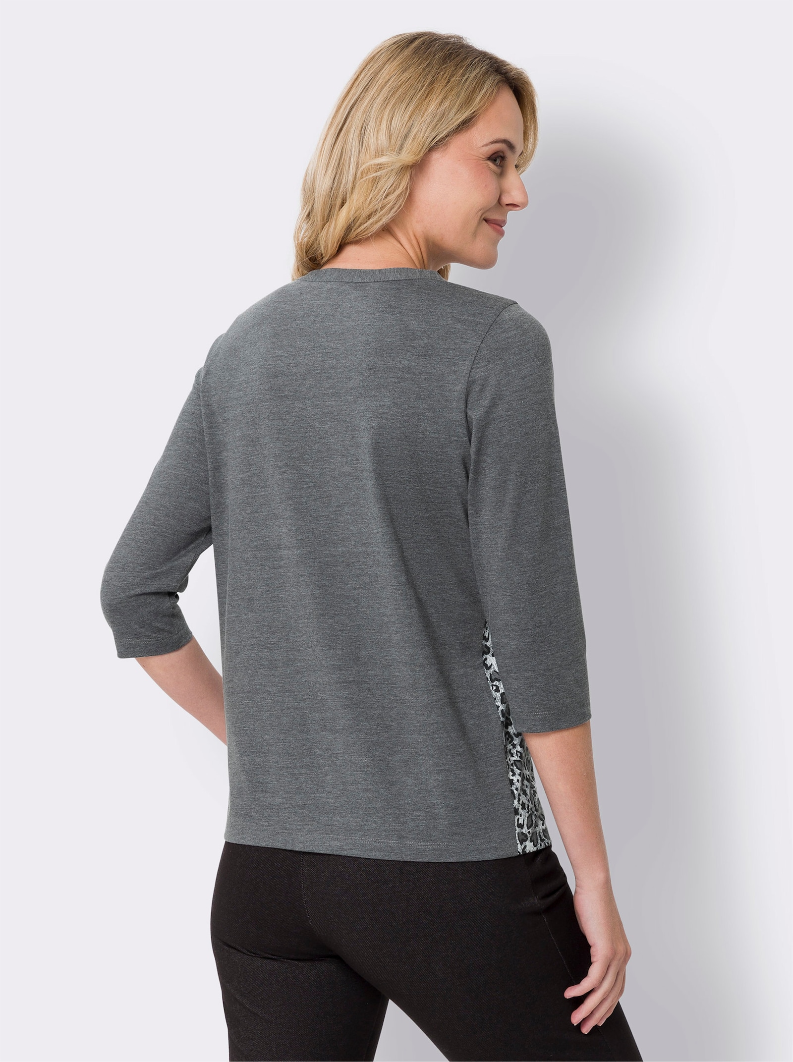 Shirt met 3/4-mouwen en dierenprint - antraciet gemêleerd/zwart bedrukt