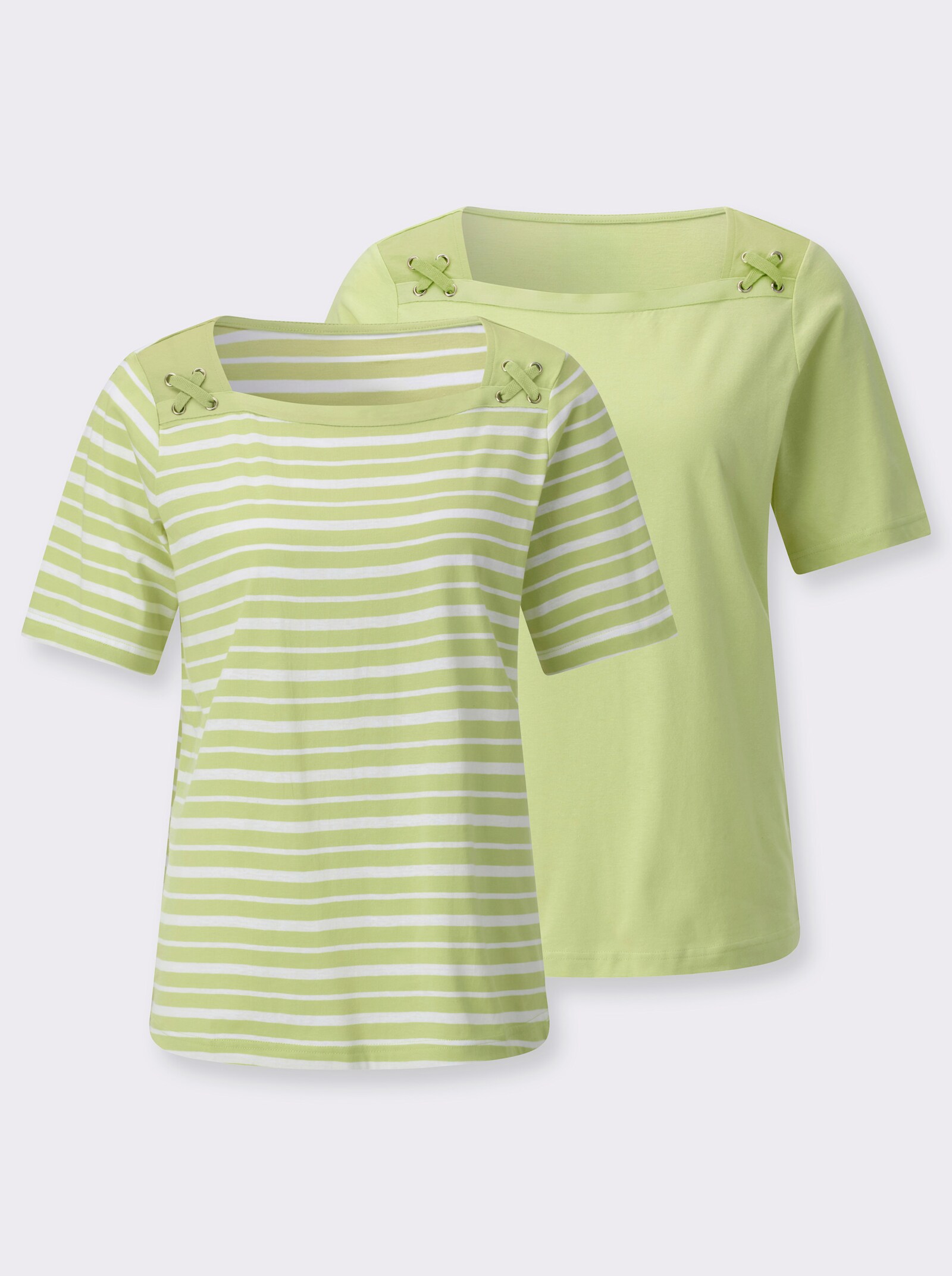 Shirtset met decoratieve hals - pistache + pistache/wit gestreept