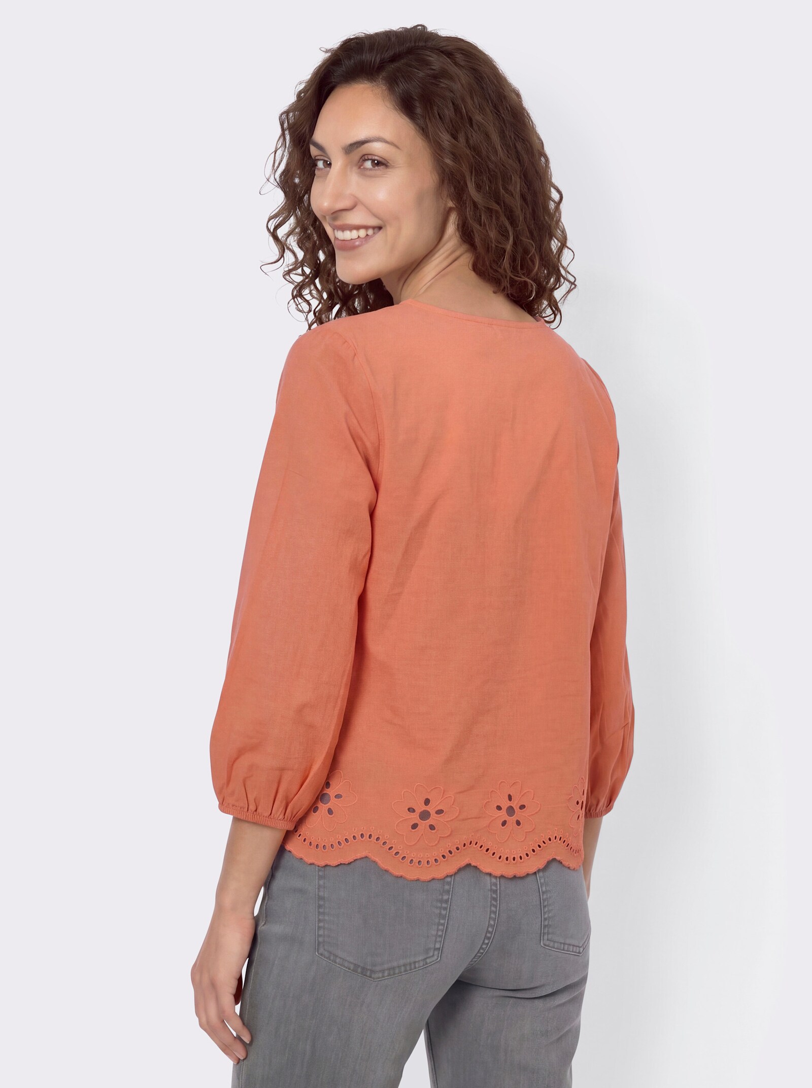 Baumwollbluse mit Lockstickerei - papaya