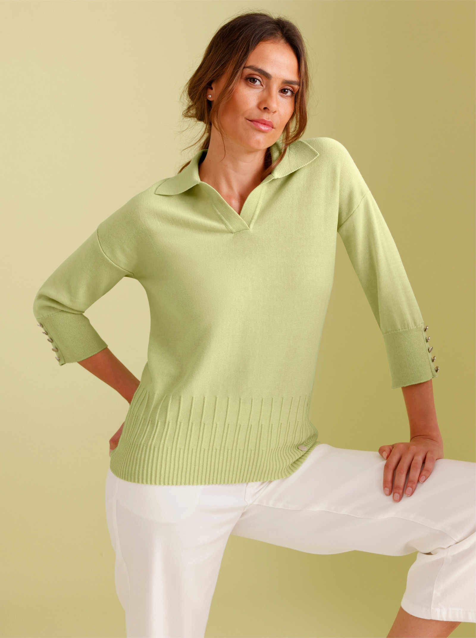 CREATION L PREMIUM Polopullover aus Querstrick - pistazie