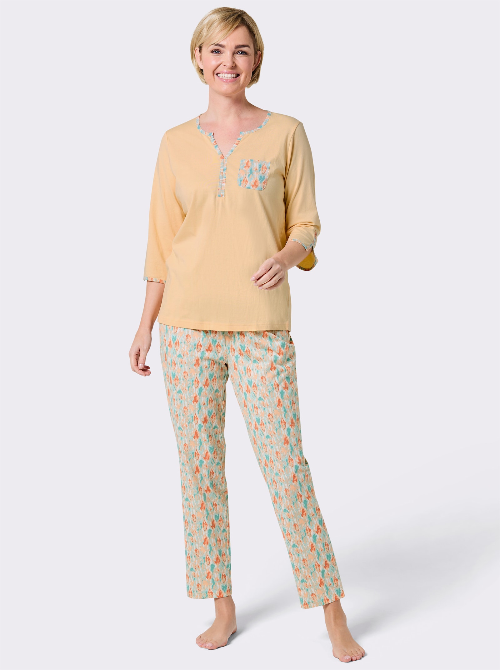 wäschepur Schlafanzug aus reiner Baumwolle - apricot-salbei-bedruckt