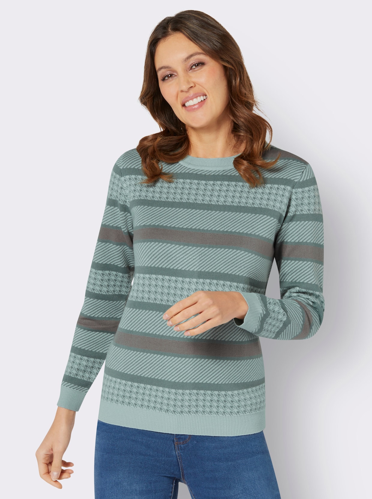 Rundhals-Pullover - kalkmint-grau-gemustert