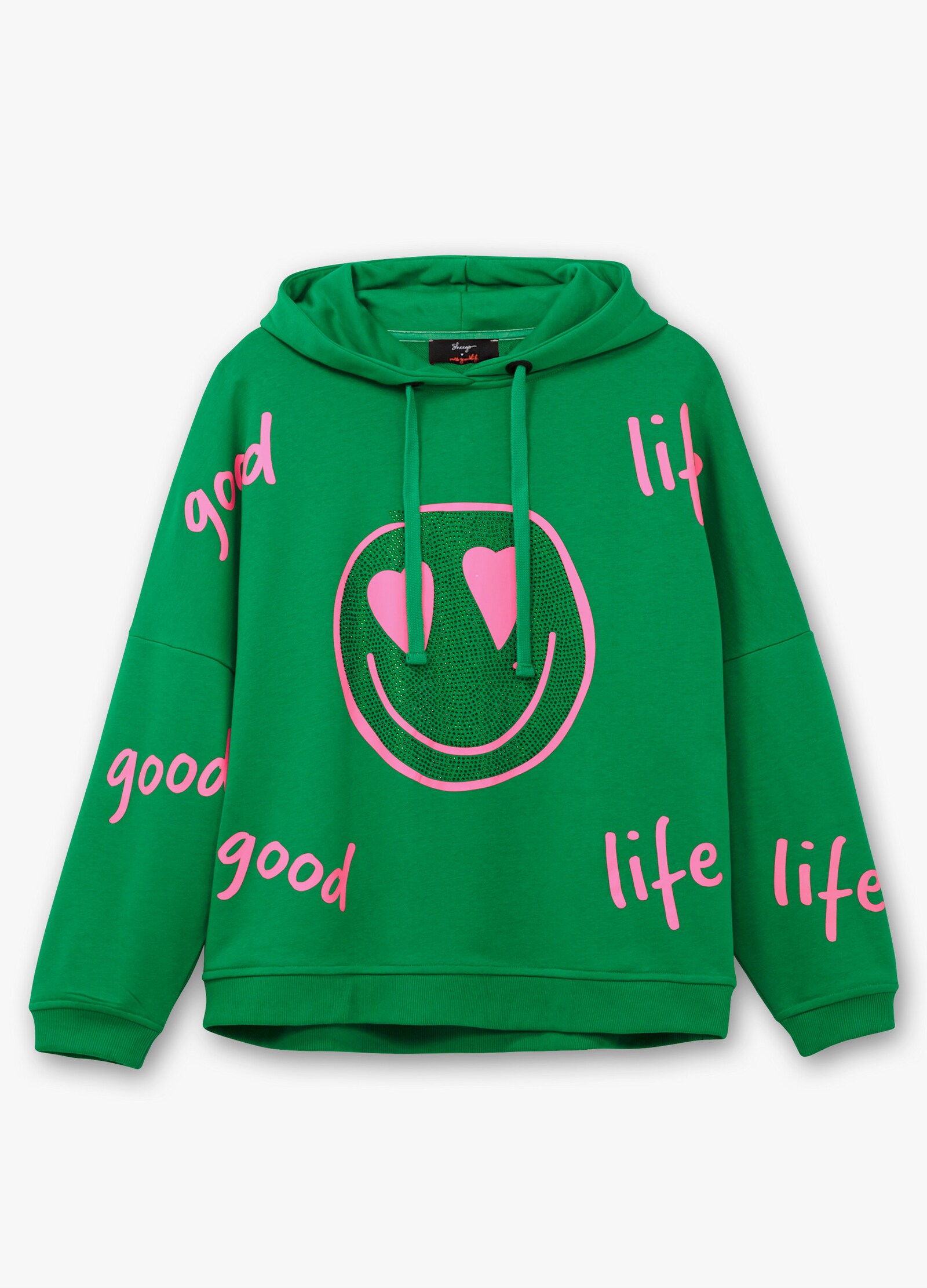 sheego loves miss goodlife Kapuzensweatshirt mit Smiley-Druck und Glitzersteinen - dunkelgrün-bedruckt