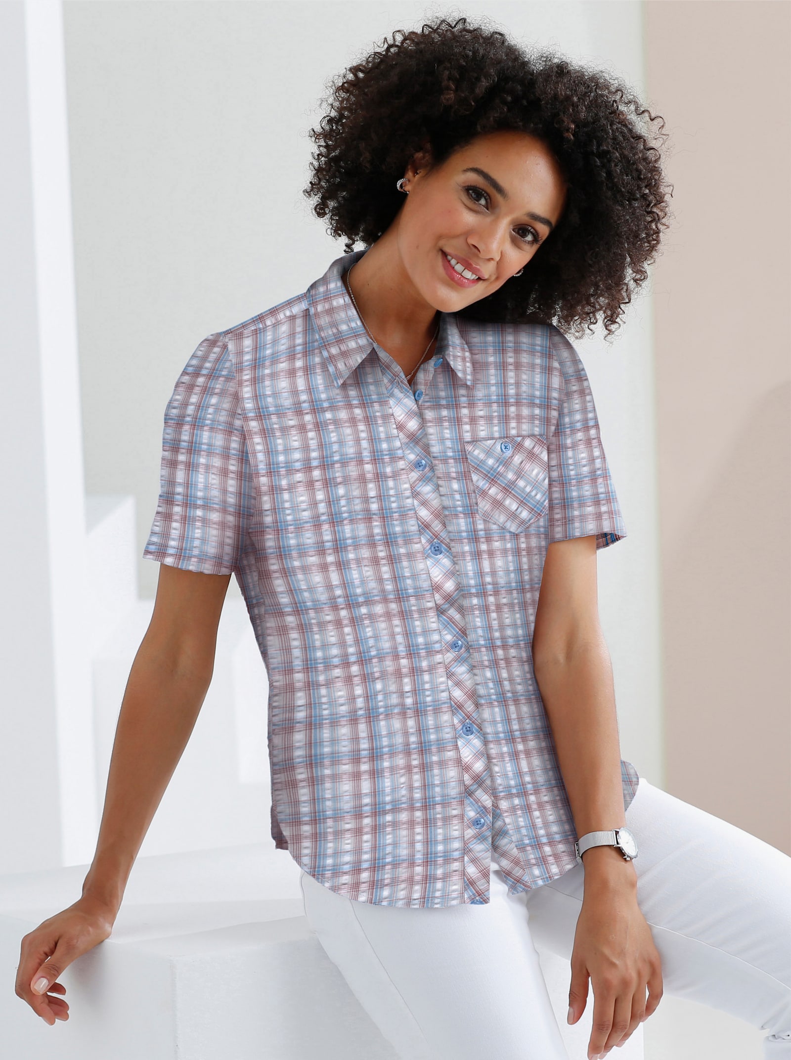 Katoenen blouse van seersucker - jeansblauw geruit