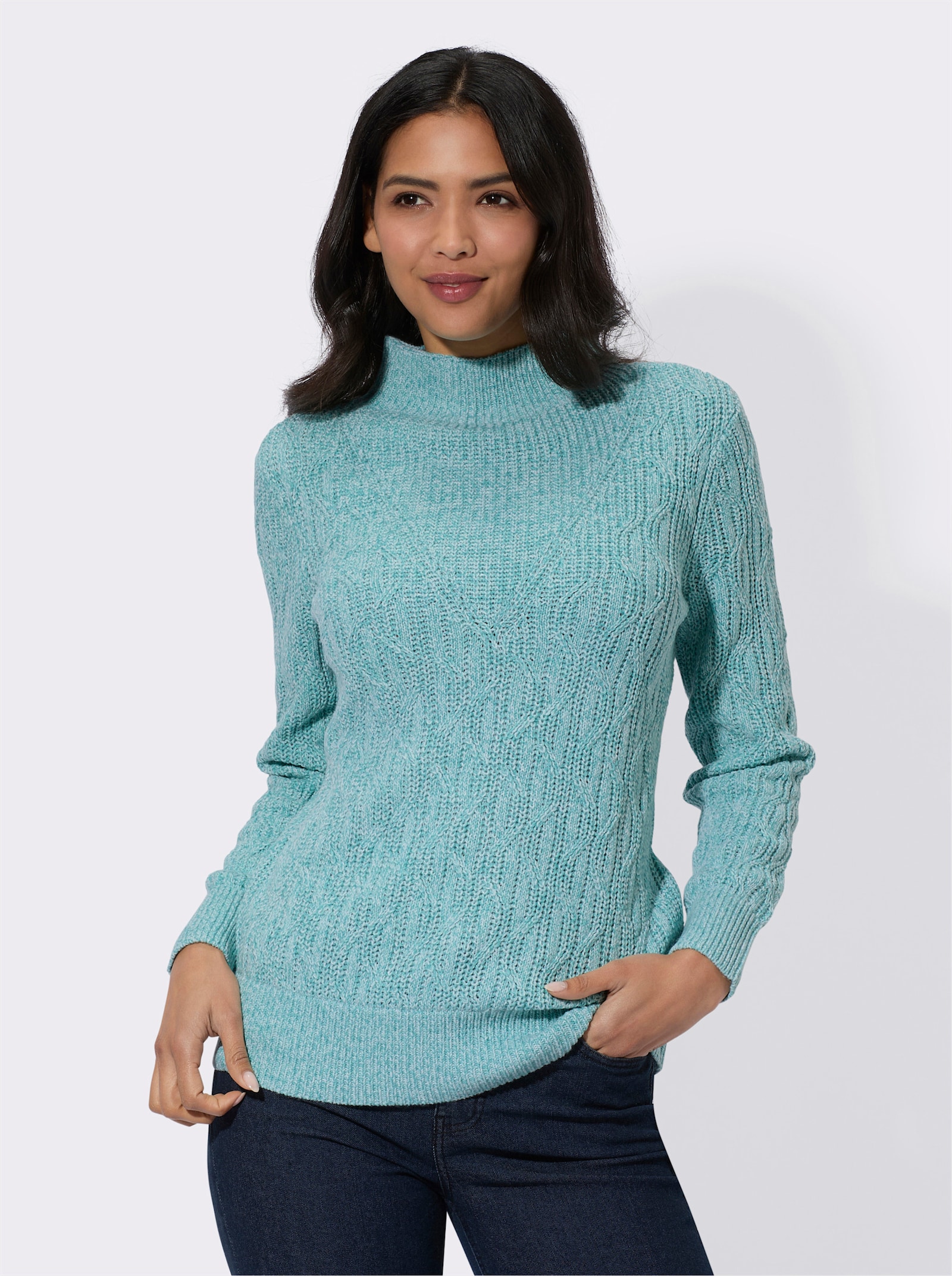 Langarm-Pullover mit Kelchkragen - ozean-meliert