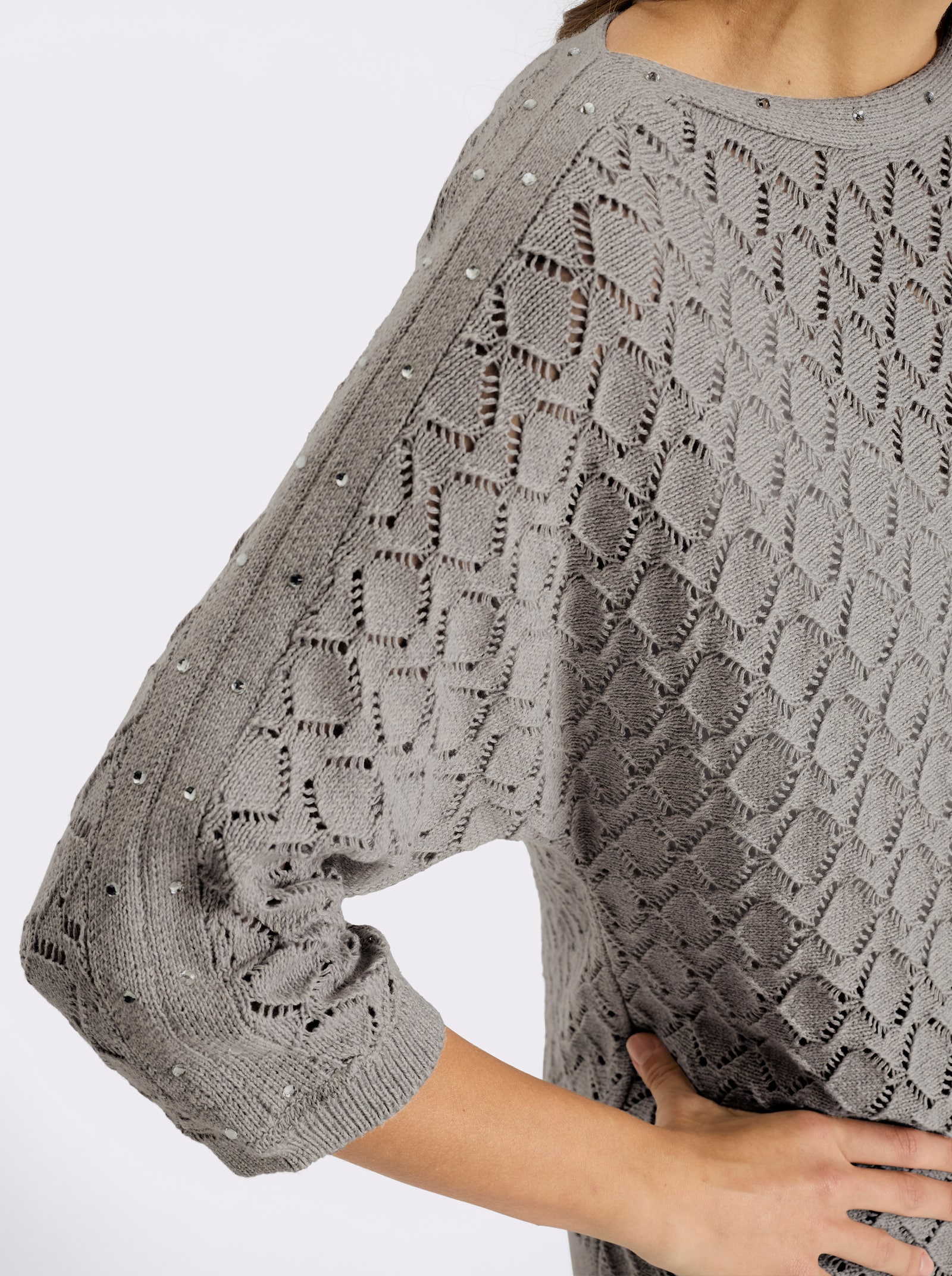 Ajourpullover mit Glitzersteinchen - hellgrau-meliert