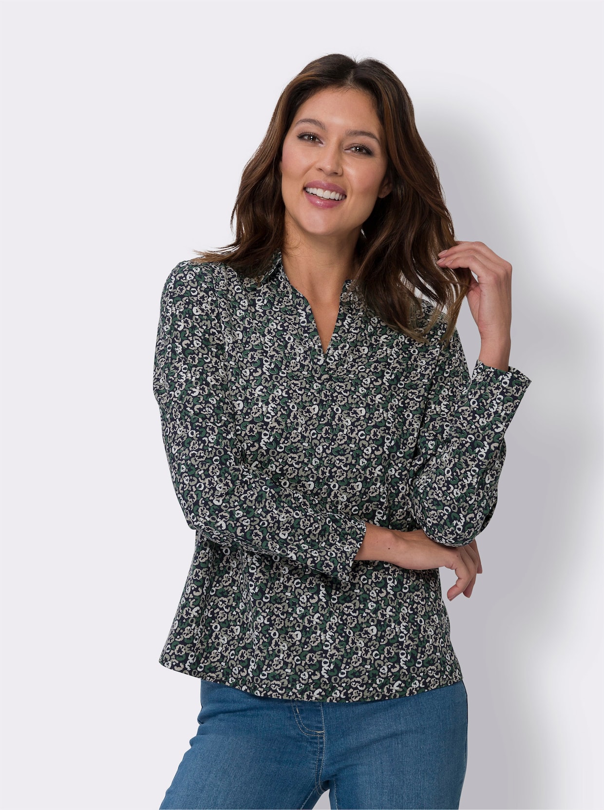 Comfortabele blouse - marine/sesam bedrukt