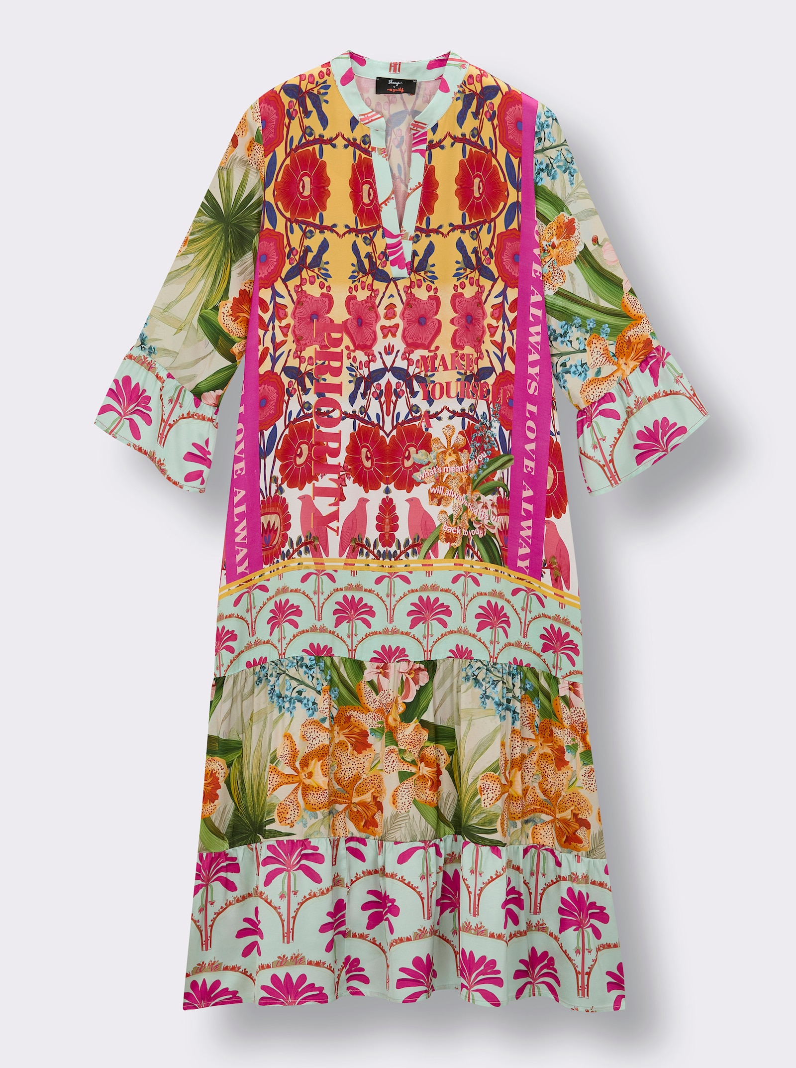 sheego loves miss goodlife Robe longue à volants - menthe-fuchsia imprimé