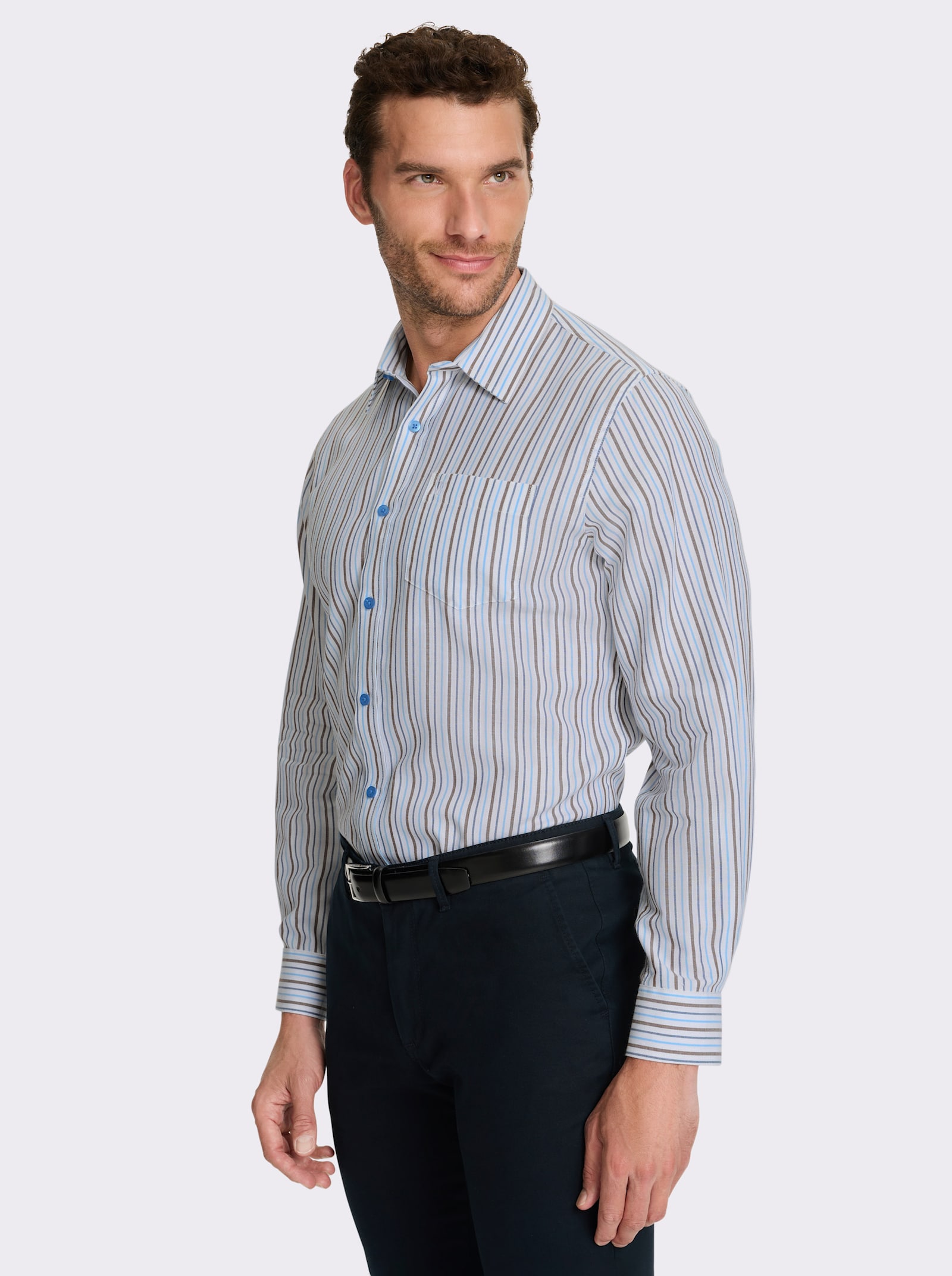 Marco Donati Langarmhemd in bügelfreier Popeline-Qualität - braun-gestreift