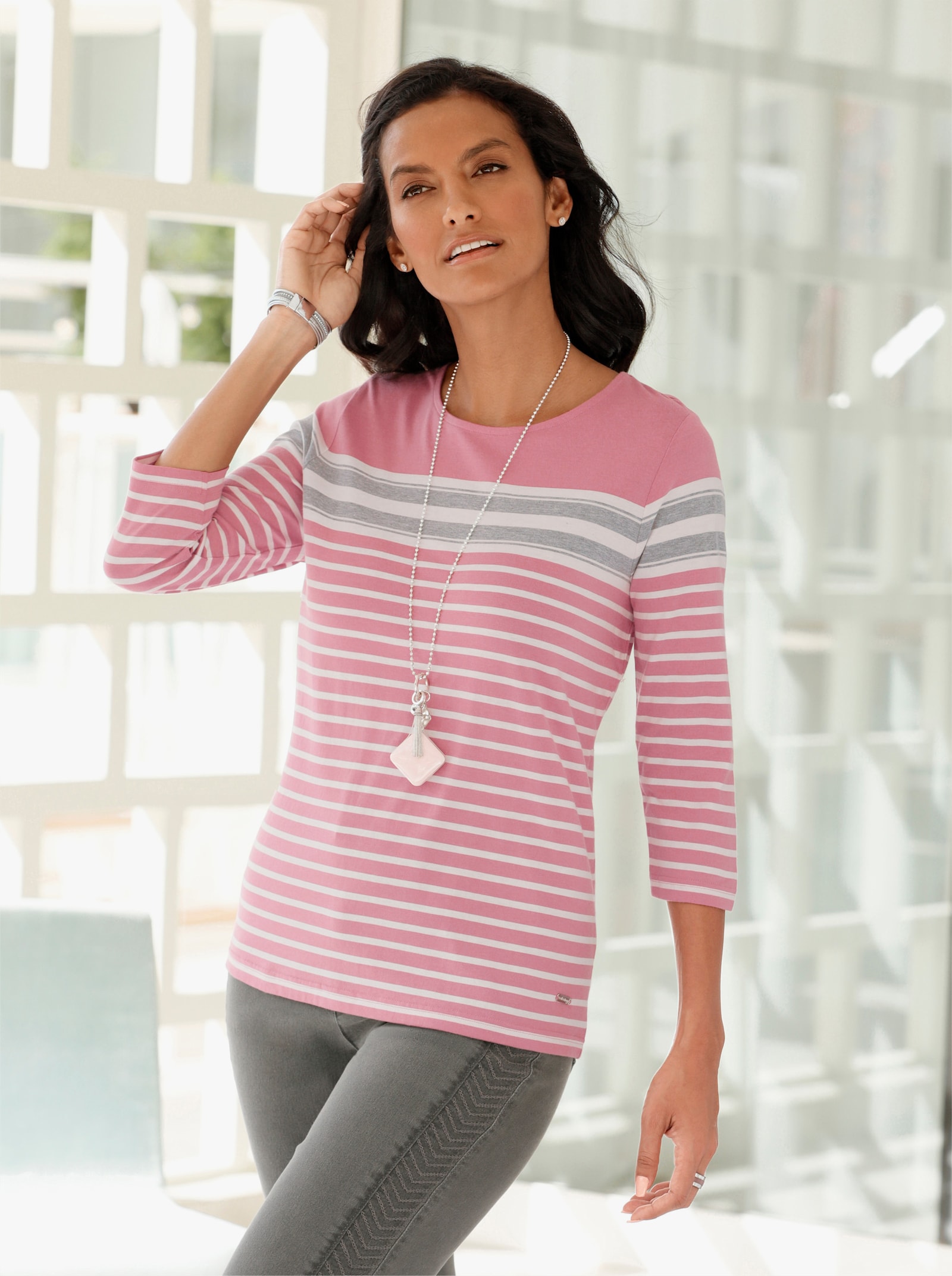 Shirt met ronde hals in streepjesdessin - oudroze/ecru gestreept