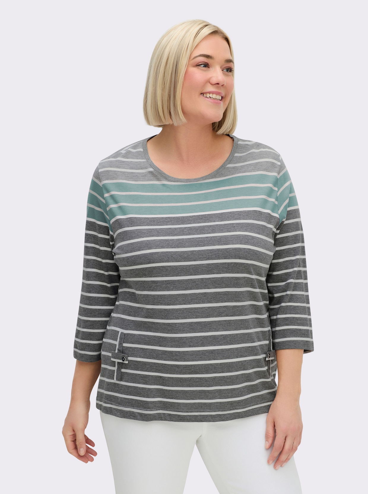 3/4-Arm-Shirt mit 2 imitierten Taschen - grau-mint-gestreift