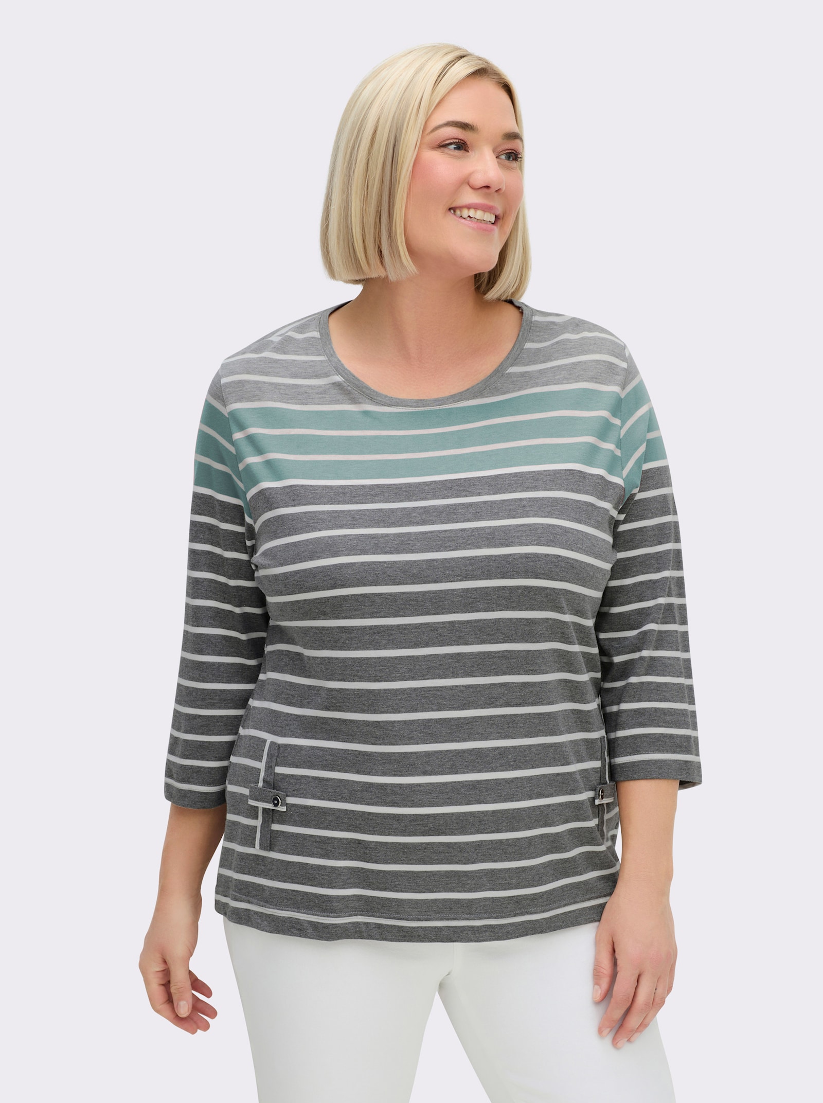 3/4-Arm-Shirt mit 2 imitierten Taschen - grau-mint-gestreift