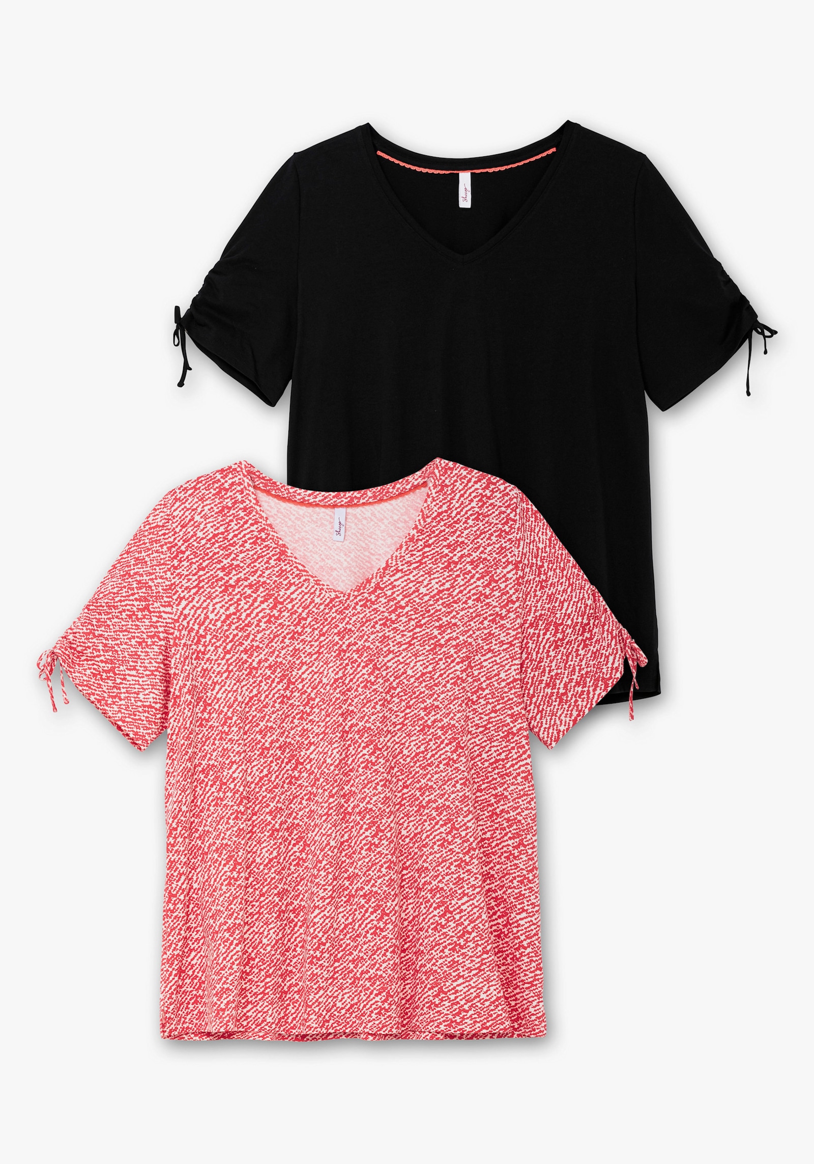 sheego T-Shirt im Doppelpack, mit Tunnelzug am Ärmel - schwarz+hummer gemustert