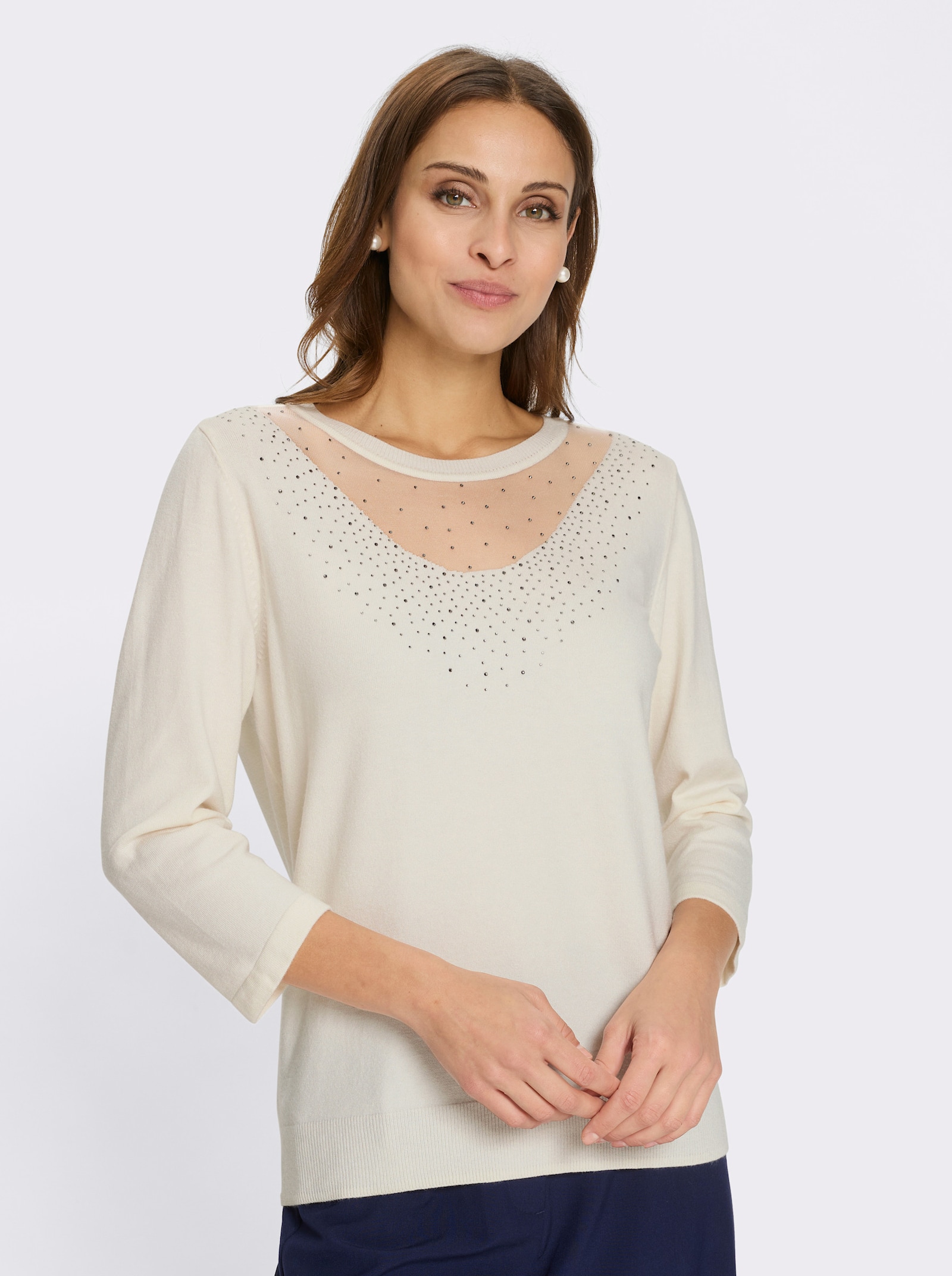 Feinstrickpullover mit Mesheinsatz - champagner