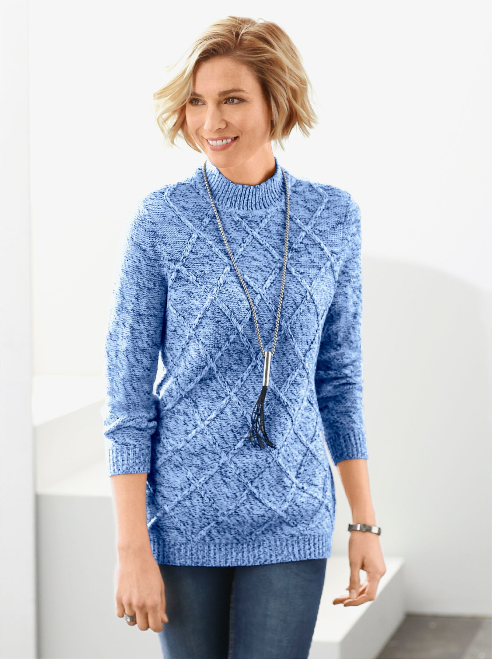 Tröja med halvpolo i rombmönster - blåmelerad