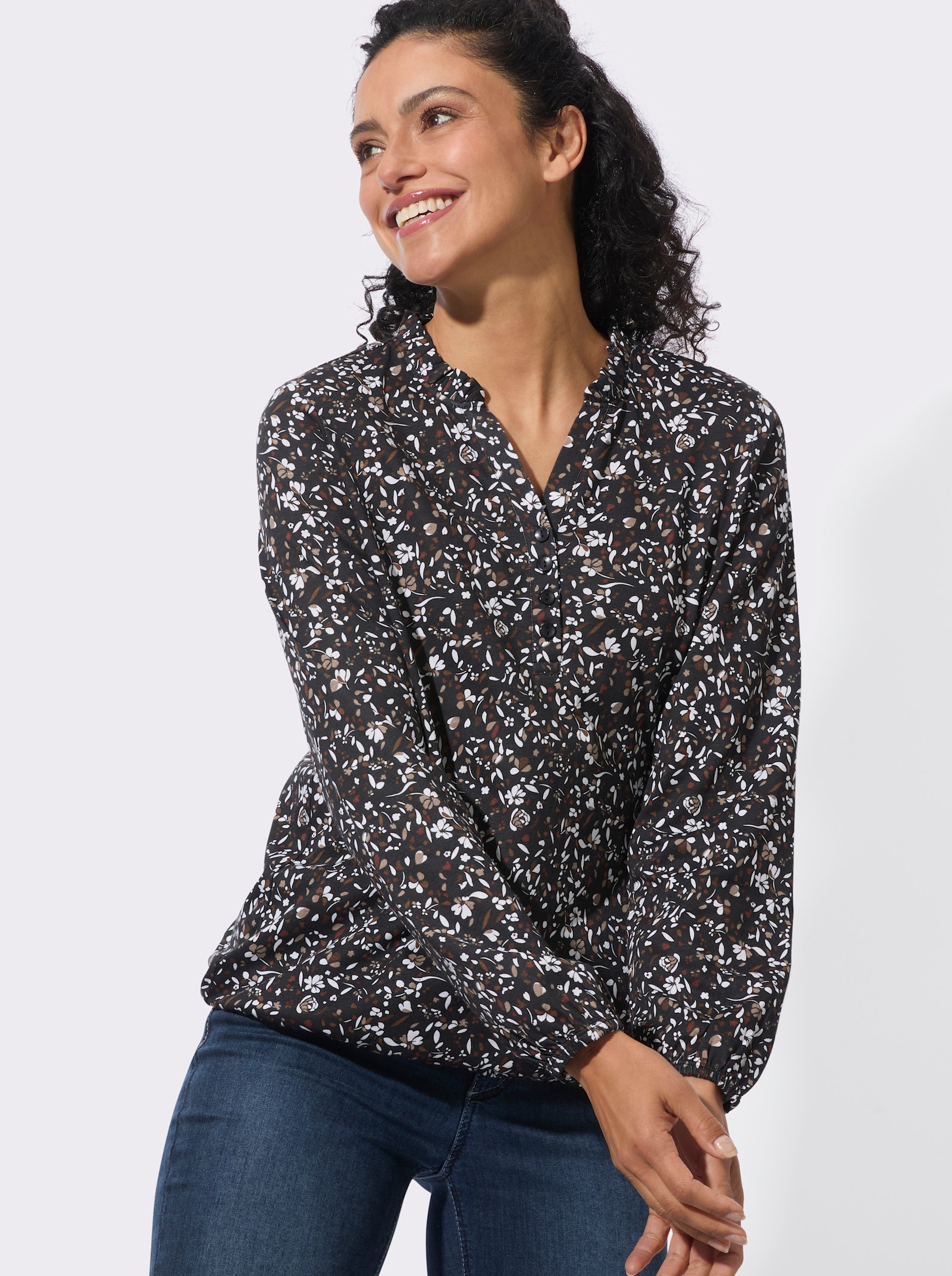 Langarmshirt mit Gummibündchen - schwarz-rotbraun-bedruckt