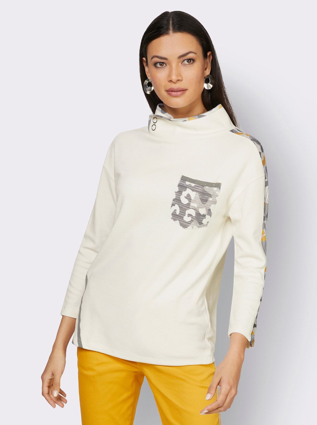 Langarmshirt - ecru-grau-bedruckt