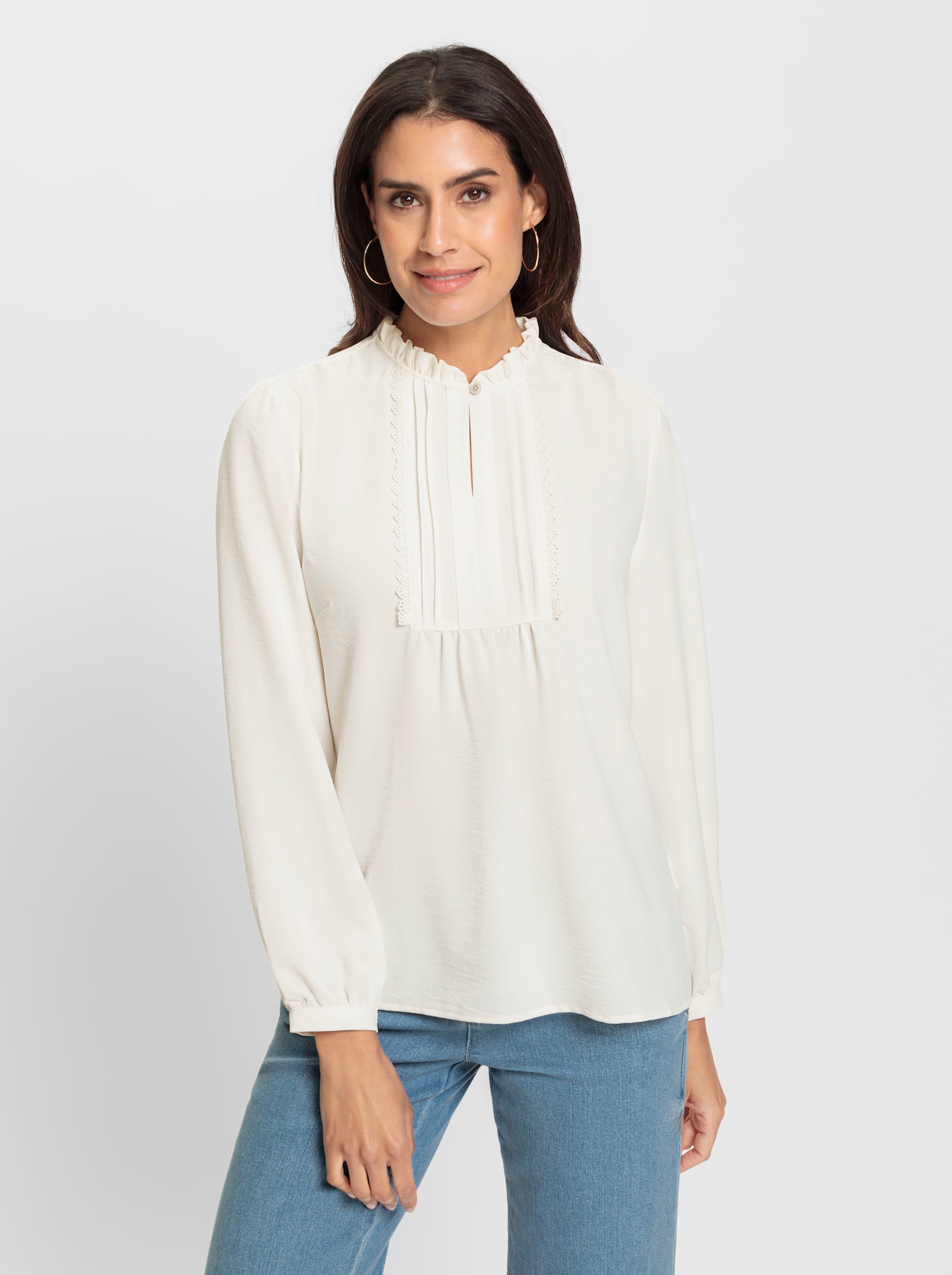 Blouse met lange mouwen en ruches bij de hals - ecru