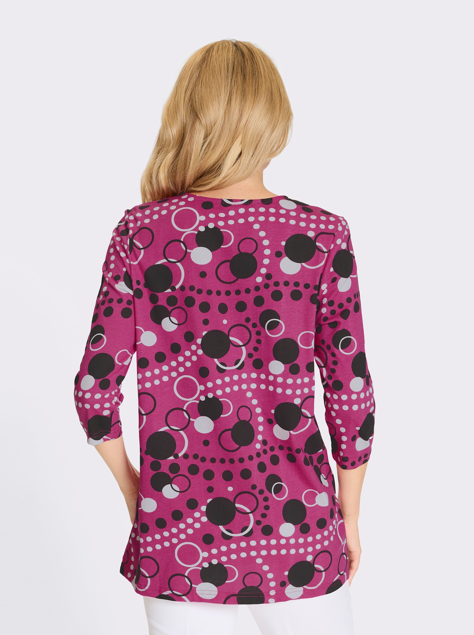 Dlhé tričko, jemne rozšírený strih - fuchsiovo-čierna potlač