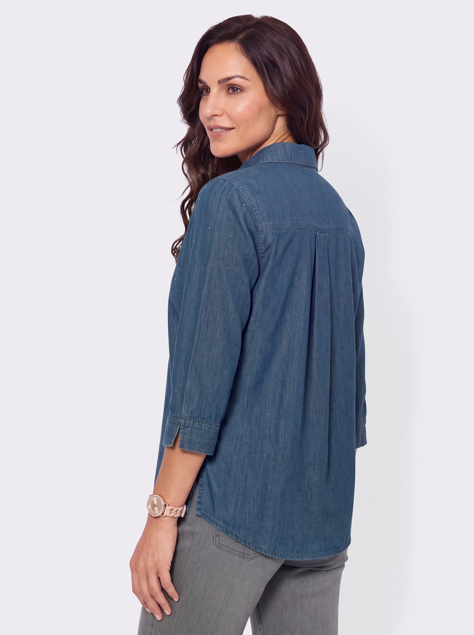 Jeansbluse mit Glitzersteinchen - blue-bleached