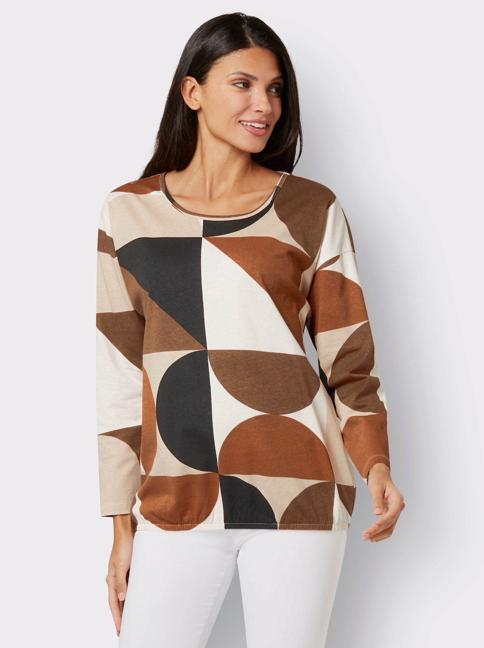 Rundhalsshirt mit elastischem Saum - sand-cognac-bedruckt