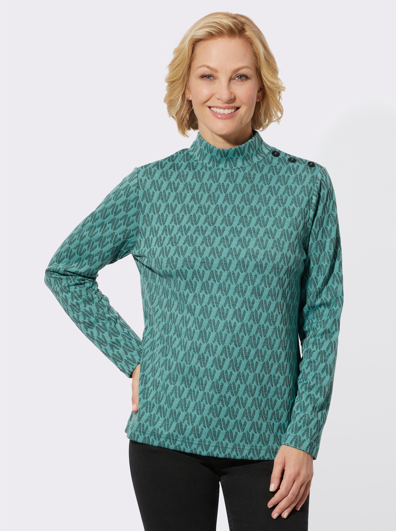 Stehkragenshirt mit Zierknöpfen auf der Schulter - ozean-schwarz-gemustert