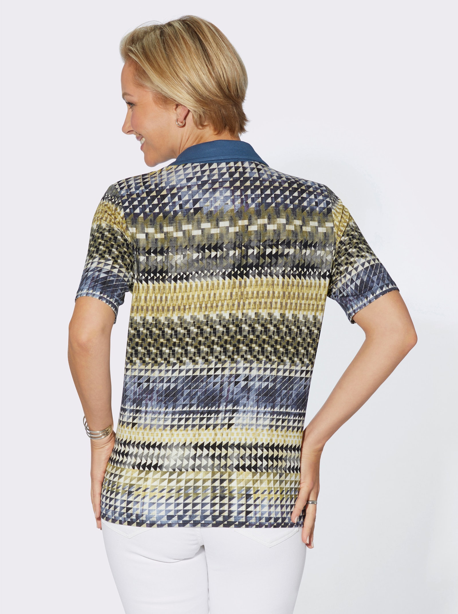 Poloshirt van viscose-stretch, bedrukt - jeansblauw/pistache bedrukt