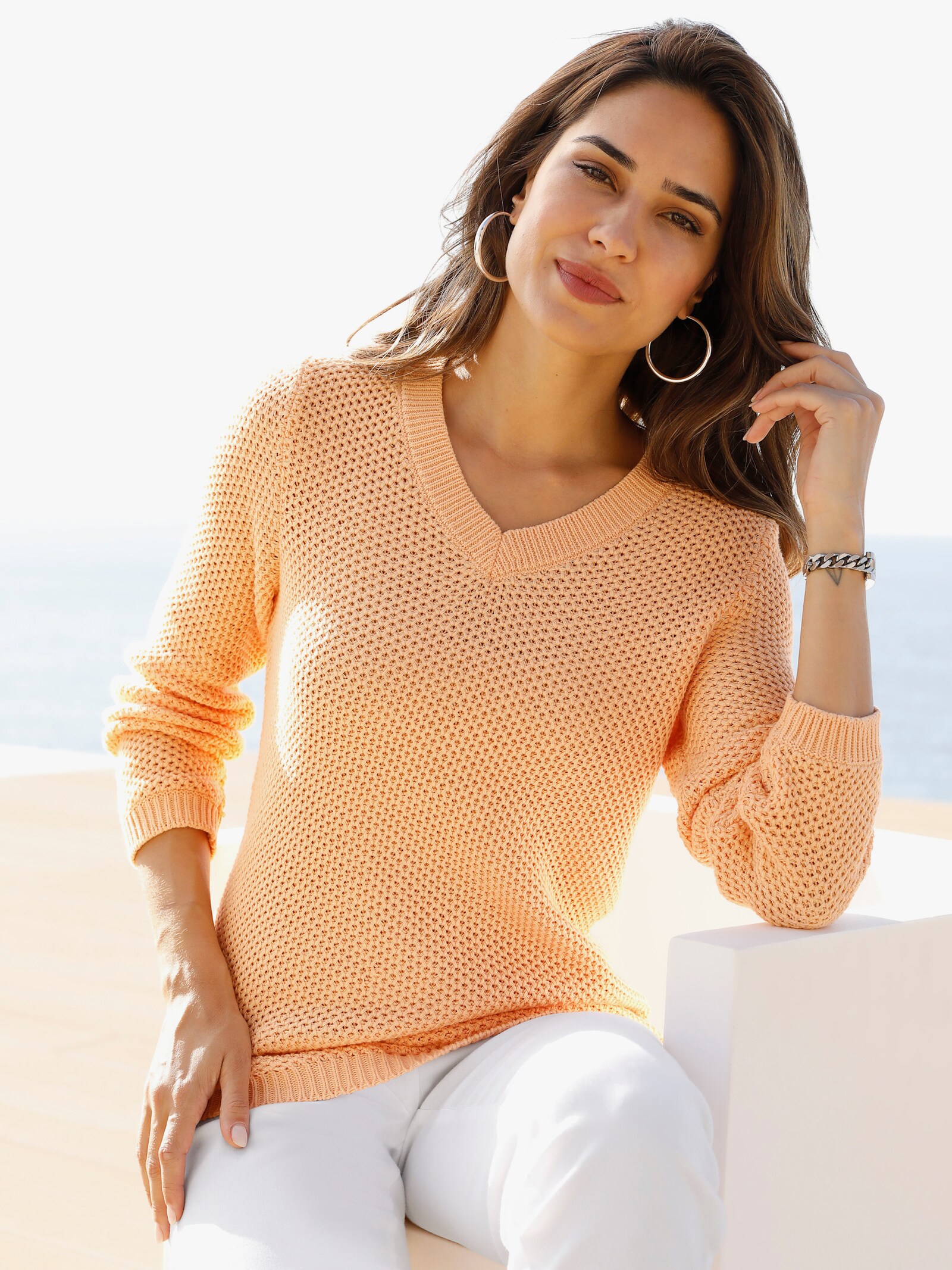Langarm-Pullover aus reiner Baumwolle - apricot