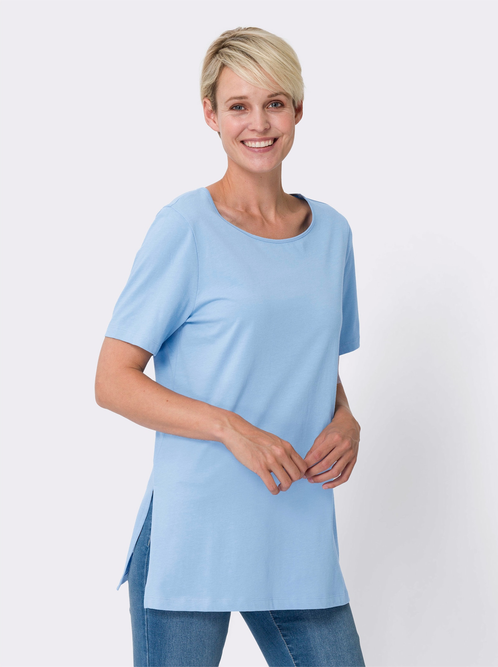 Lang shirt met hoge zijsplitten - hemelsblauw