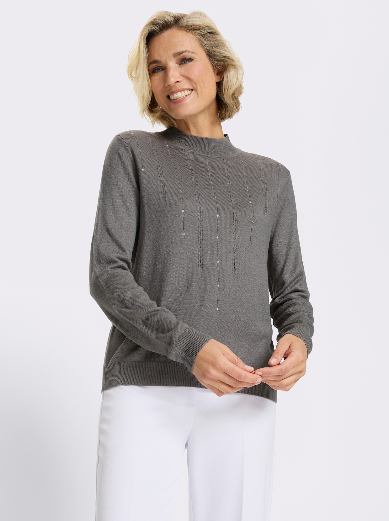 Stehkragenpullover Feinstrick mit Glitzersteinchen - grau