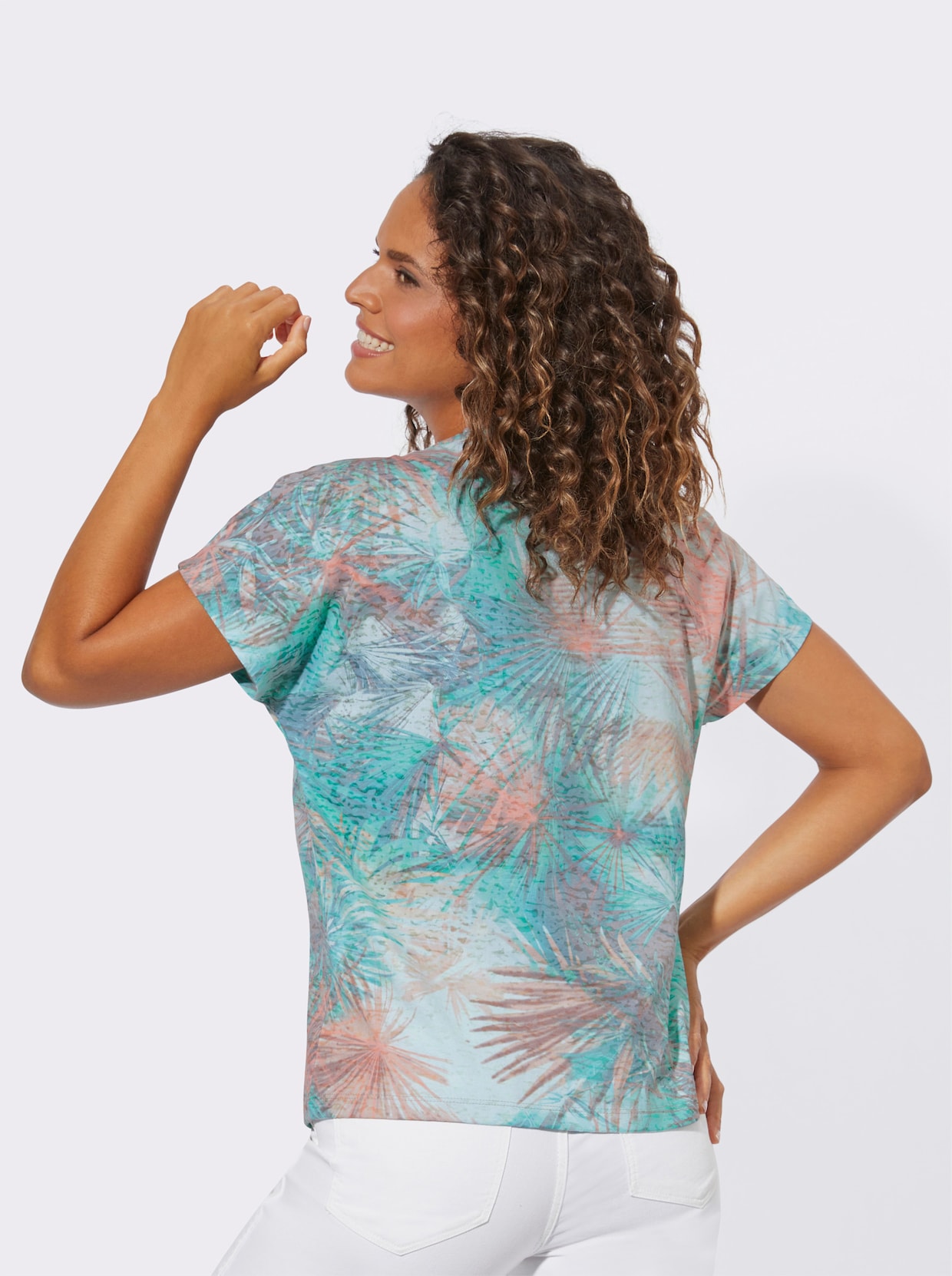 Tričko s kulatým výstřihem - mátová-korálová-potisk