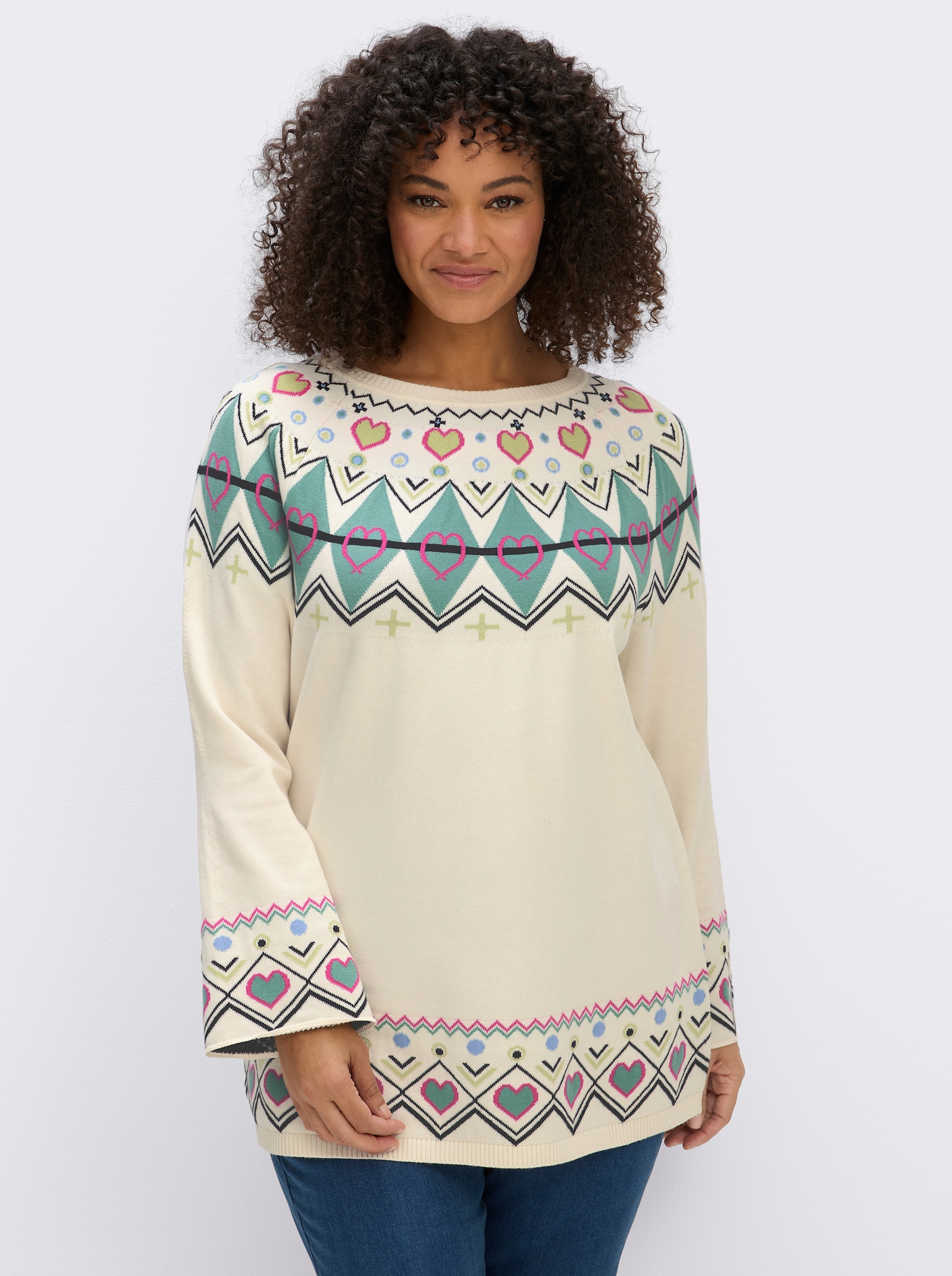 sheego Norwegerpullover mit Trompetenärmeln - champagner-salbei-gemustert