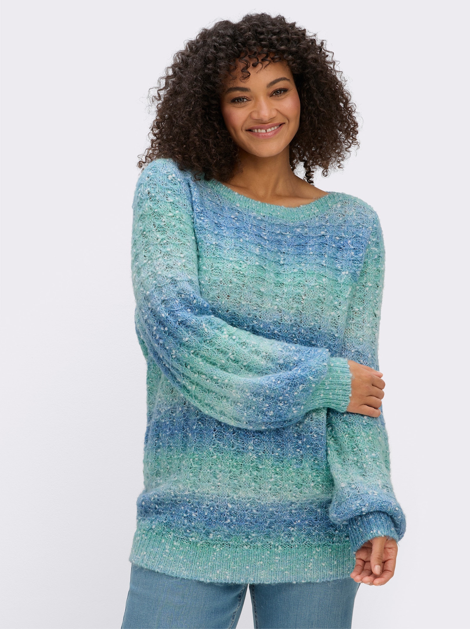 sheego Ajourpullover mit Blockstreifen - mint-bleu-gemustert