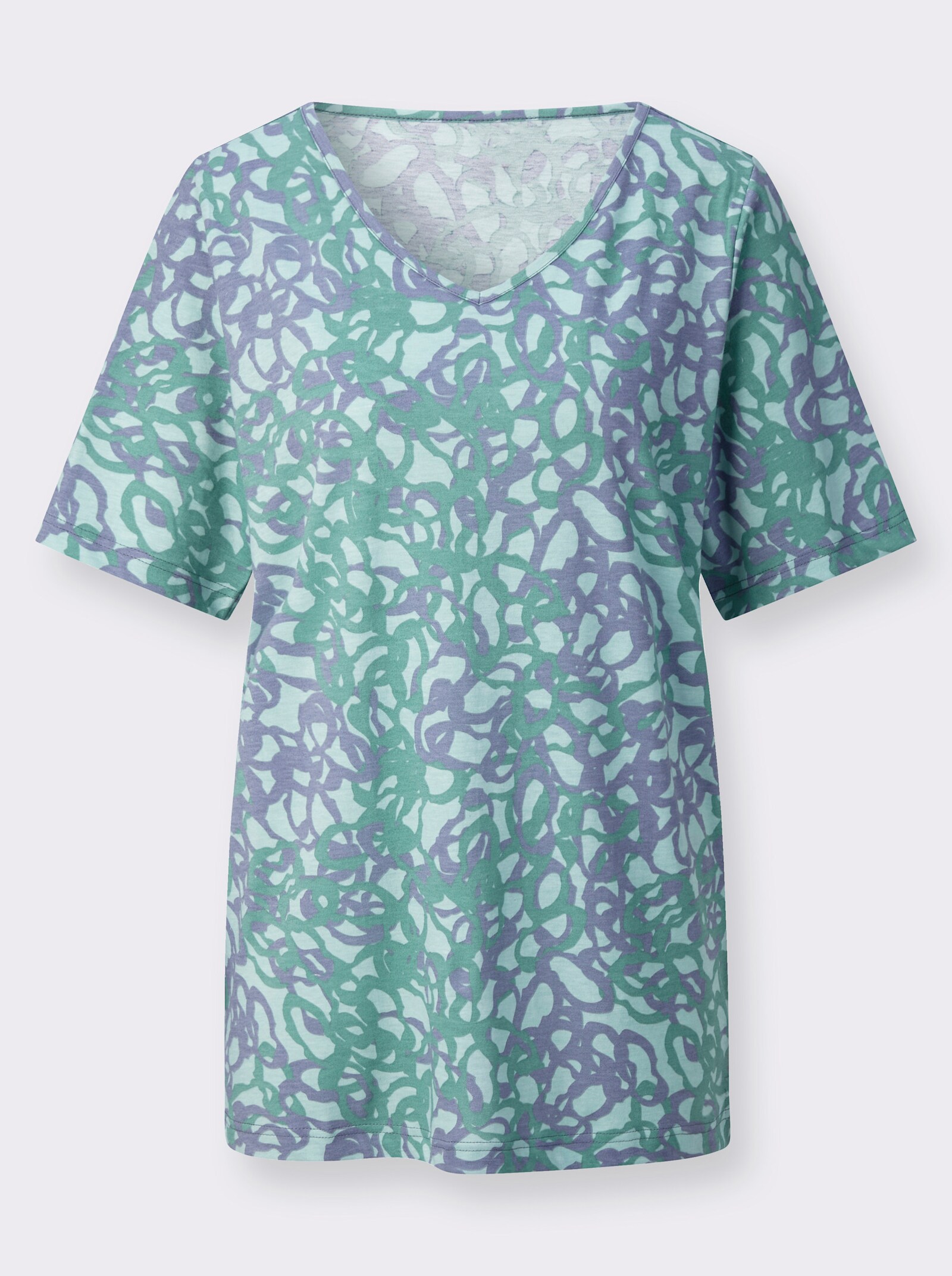 V-Shirt mit Seitenschlitzen - taubenblau-salbei-bedruckt