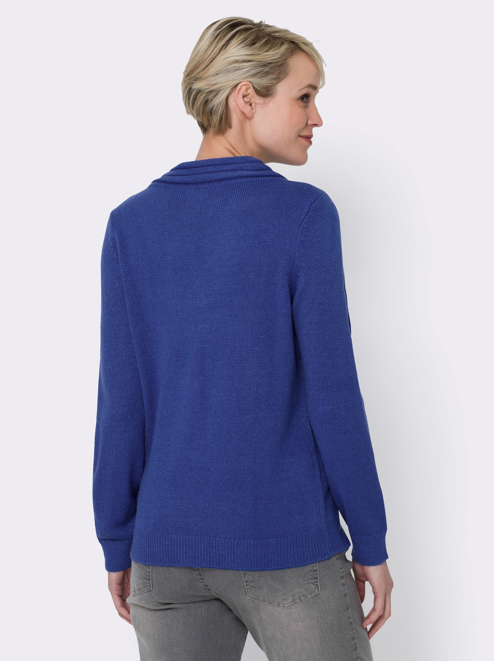 V-Ausschnitt-Pullover mit Rollkante - royalblau