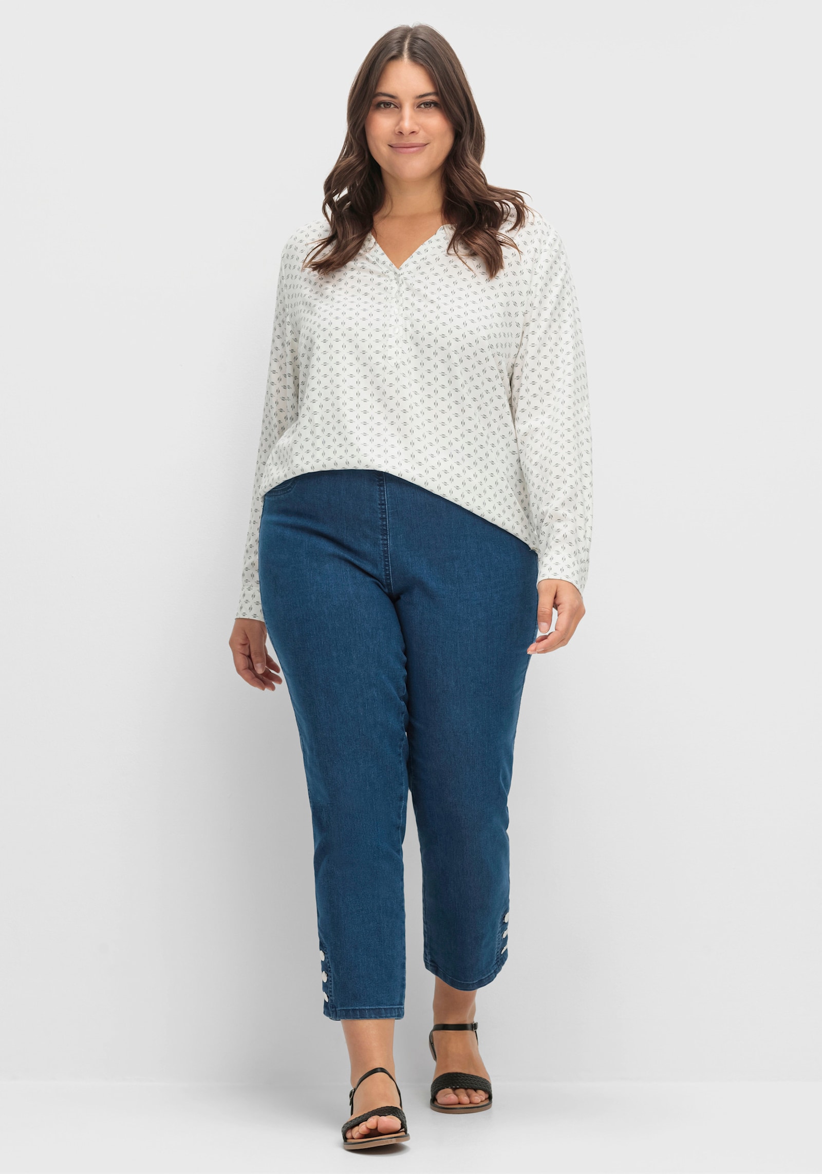 7/8-Jeans mit seitlichen Zierknöpfen - blue-stone-washed