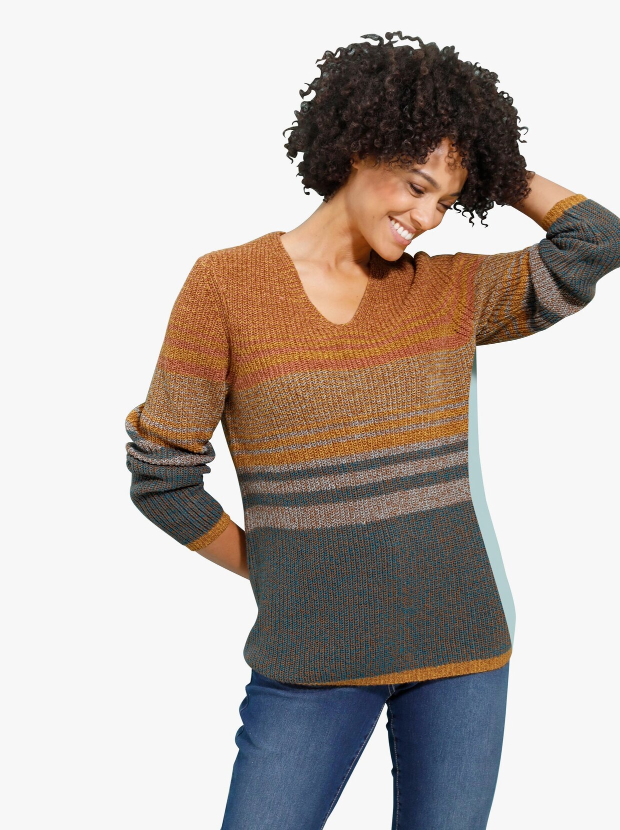 Pullover met V-hals - cognac/oceaan gedessineerd