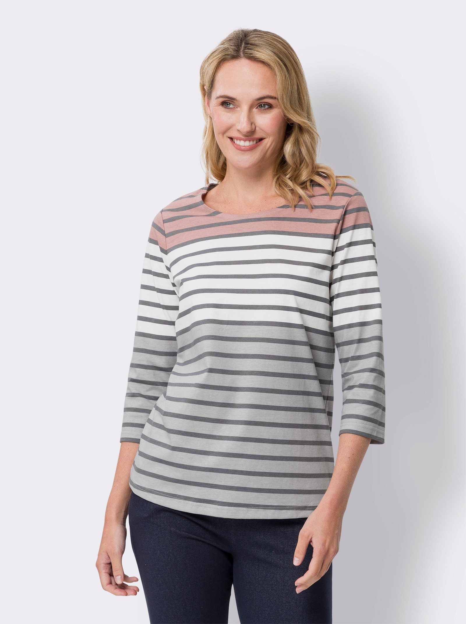 Ringelshirt mit 3/4-Ärmeln - rosenholz-grau-geringelt