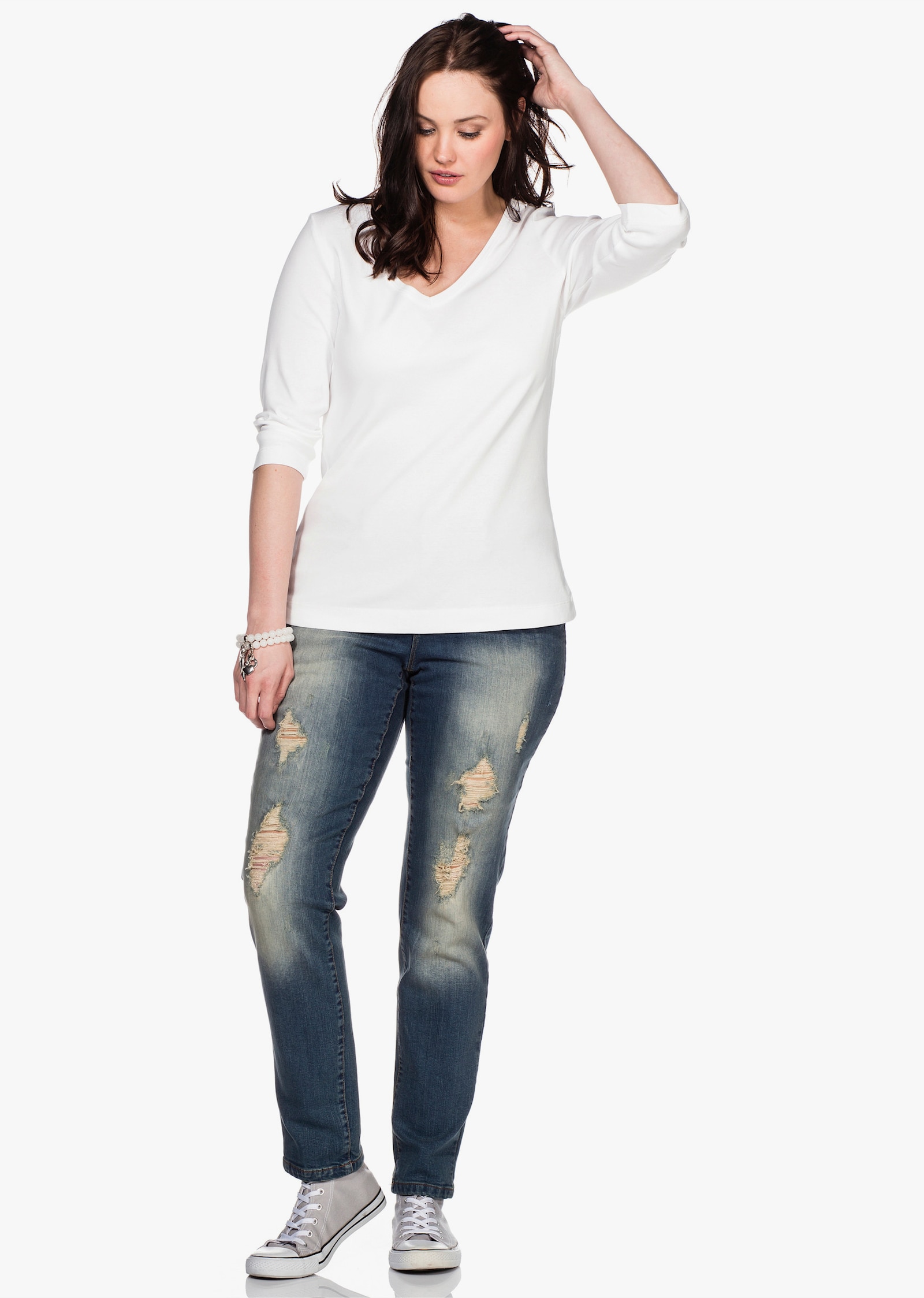 sheego 3/4-Arm-Shirt mit V-Ausschnitt, in Rippqualität - weiß