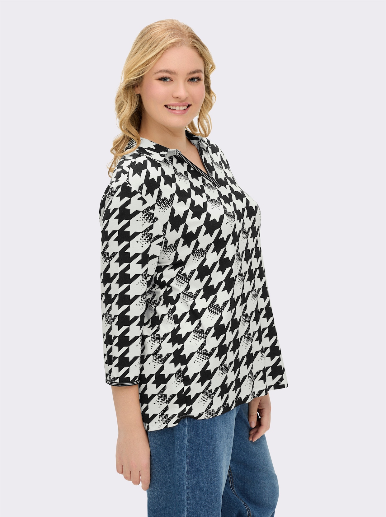 Poloshirt mit 3/4-Ärmeln - schwarz-ecru-bedruckt