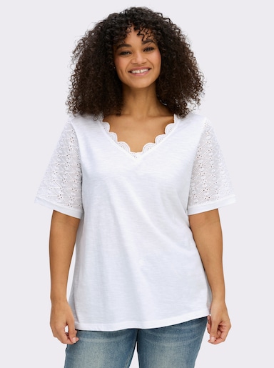 sheego by Joe Browns V-Shirt mit Lochstickereien und Muschelsaumkante - weiß