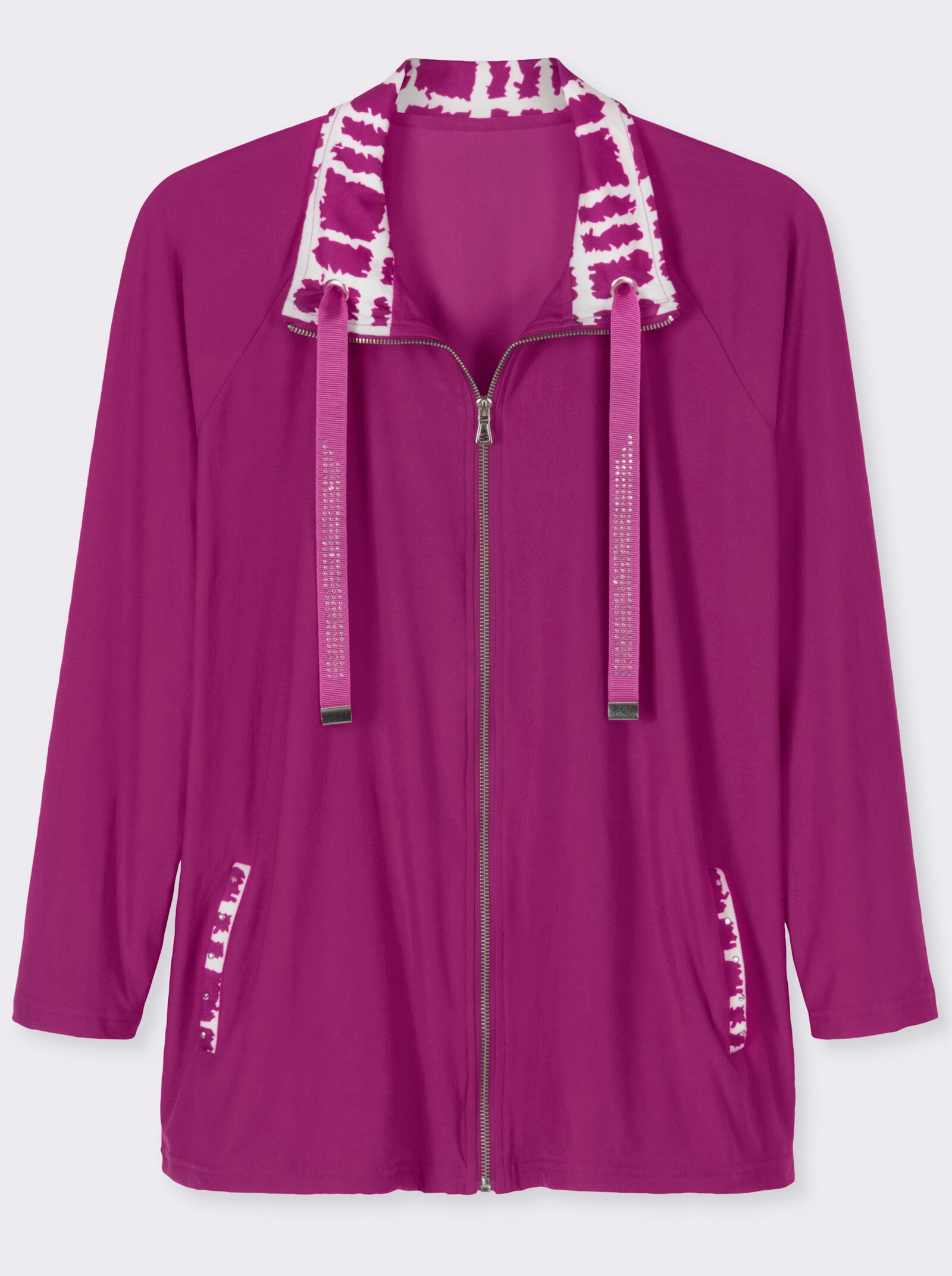 Shirtjacke mit Glitzersteinchen - magenta-ecru-gemustert
